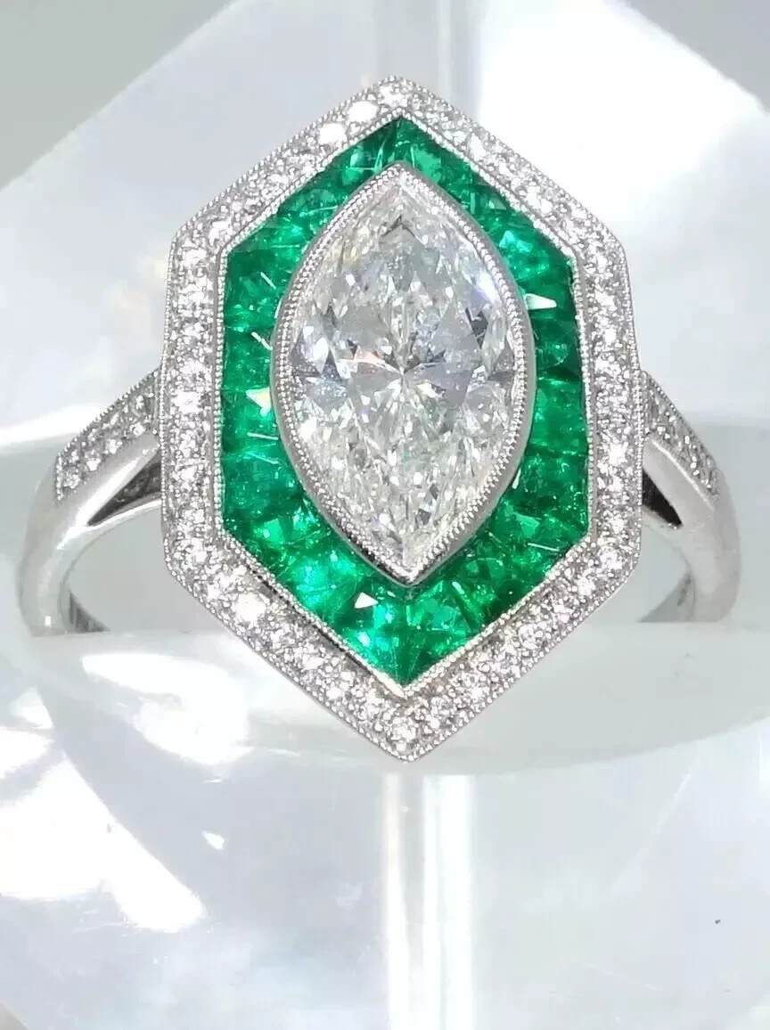 Art Deco Vintage Style Marquise Lab Created Diamond Emerald Wedding Silver Ring