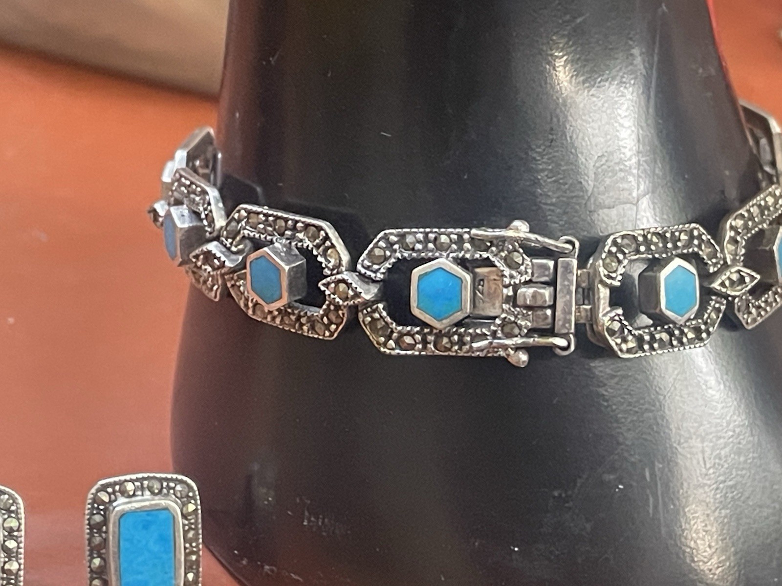 VTG .925 Stamped Sterling Silver Geometric Blue Turquoise Bracelet And Earrings