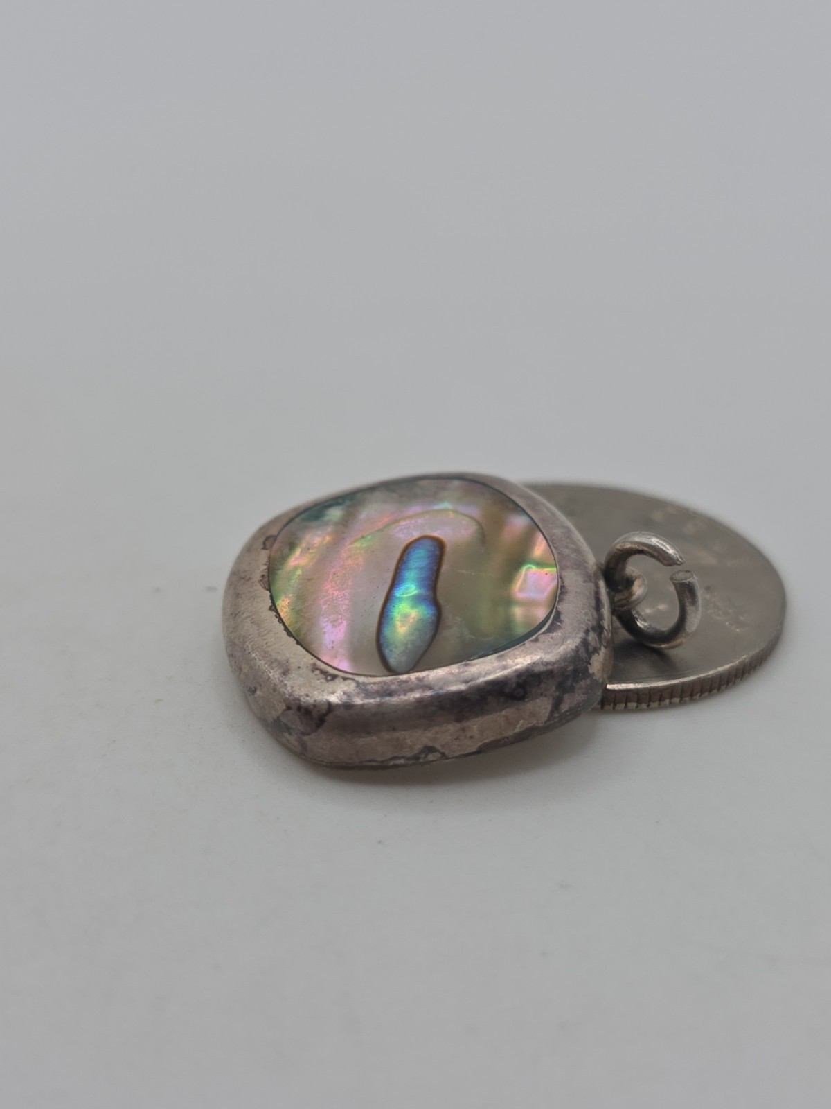 Vintage Sterling Silver 925 ATI Mexico Square Abalone Pendant Charm 8g