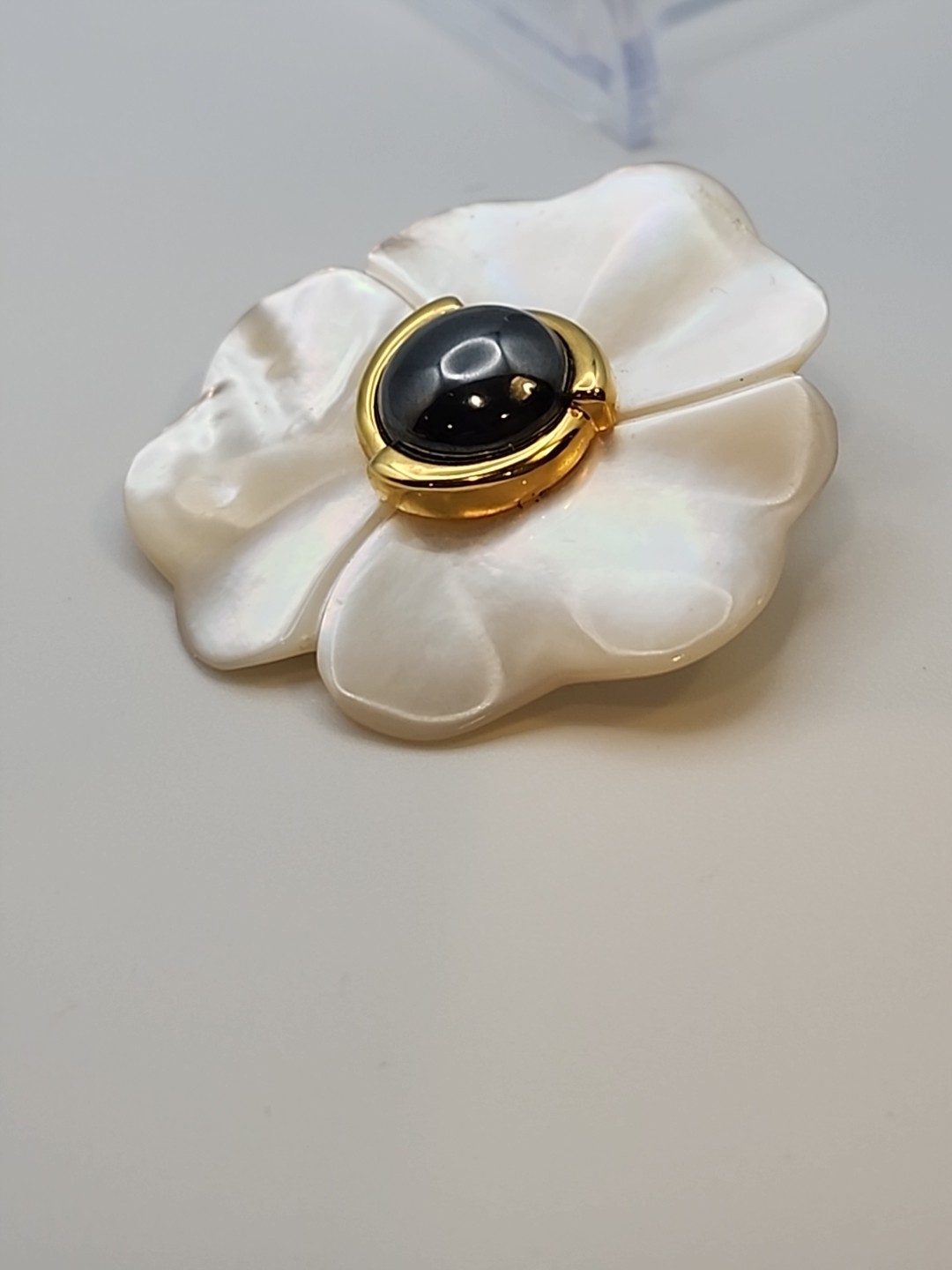Kai Ying Lo Mother Of Pearl Carved Pin With Hemetite Center
