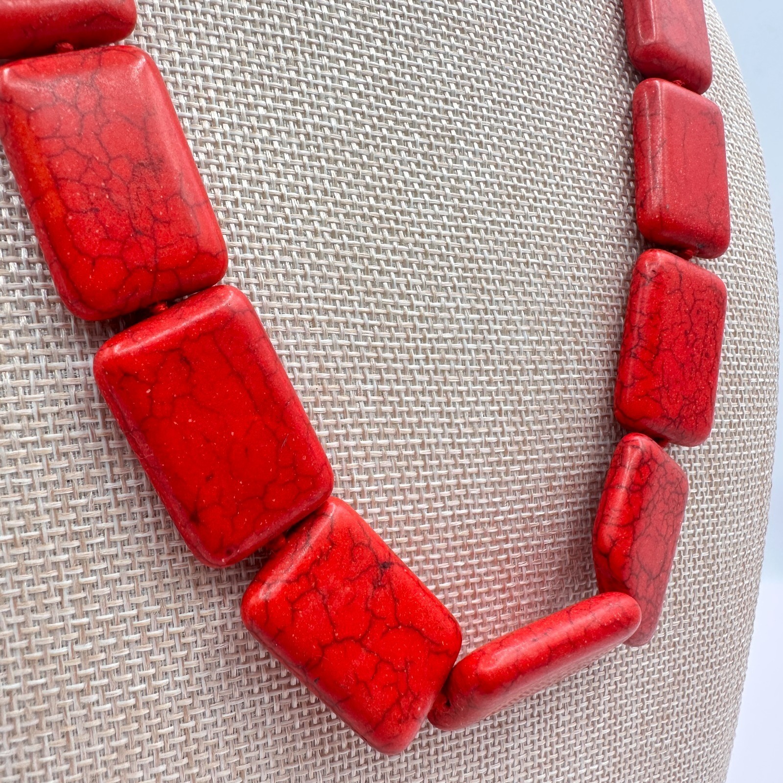 Vintage 90s Red Howlite Turquoise Rectangle Beaded Statement Necklace Jewelry