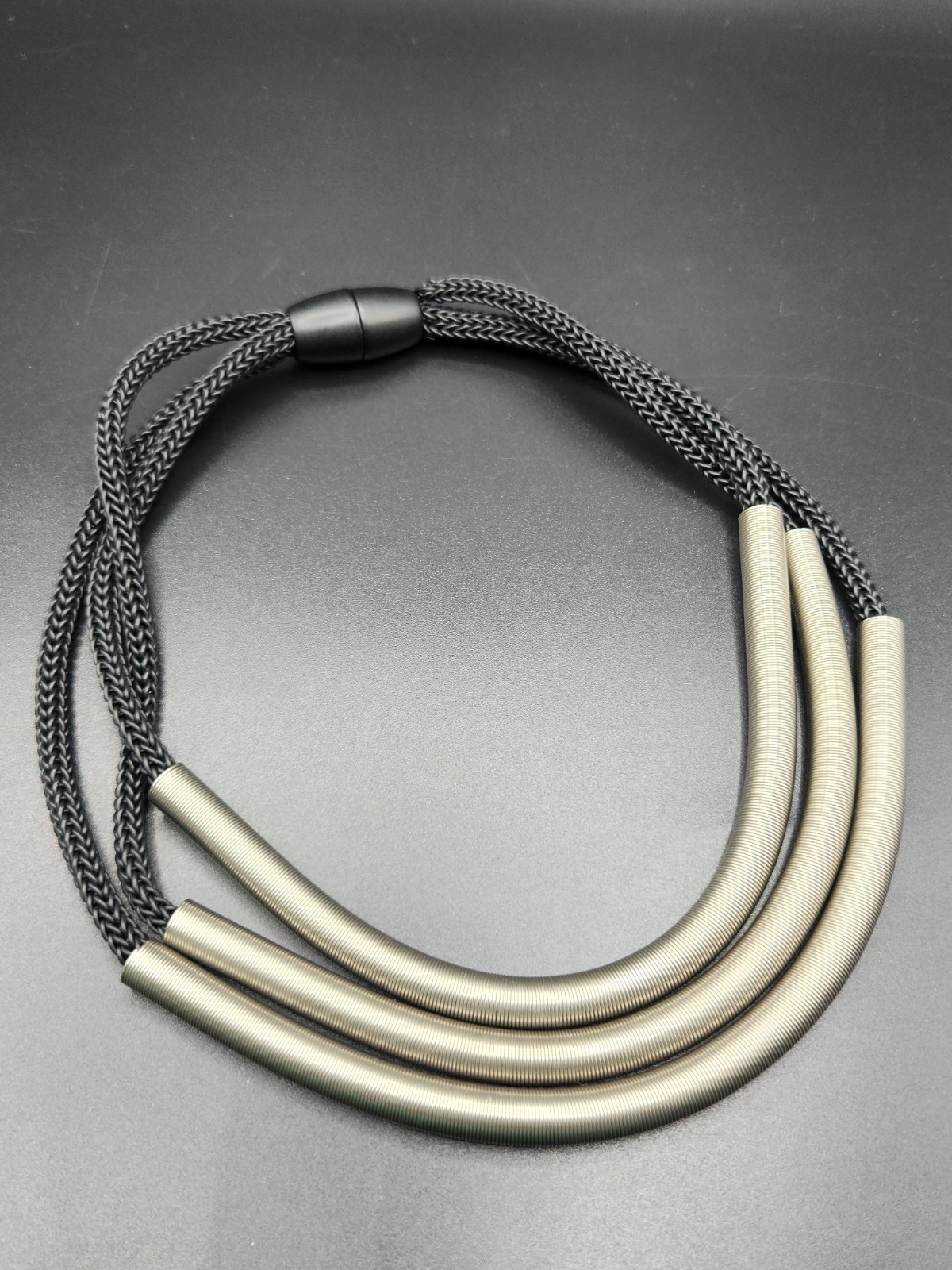 Modernist Multi Strand Black Mesh Woven Cord Necklace With Silver Tone Tubes