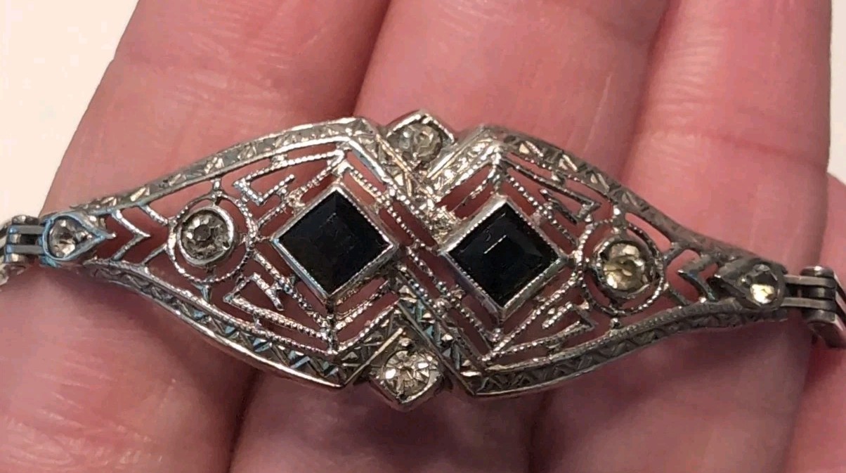 Antique Art Deco Sterling Filigree Black & Clear Stone Bracelet