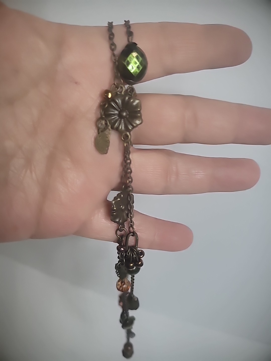 Vintage Bronze Tone Necklace Flowers Beads Leaves Flapper Jewelry Costume