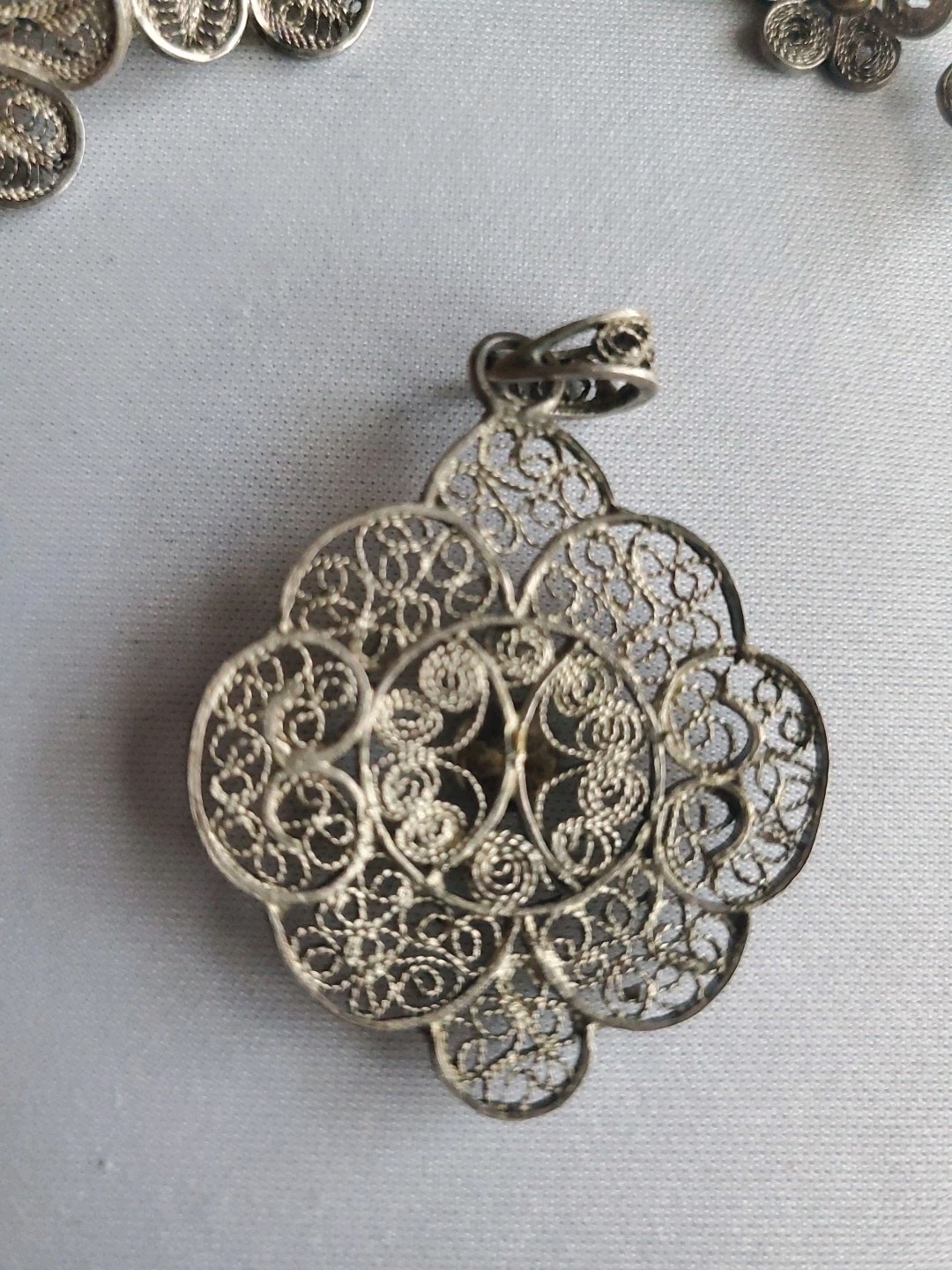 Vintage Filigree Round Metal Pendant and Matching Metal and Silver Pins/Brooches