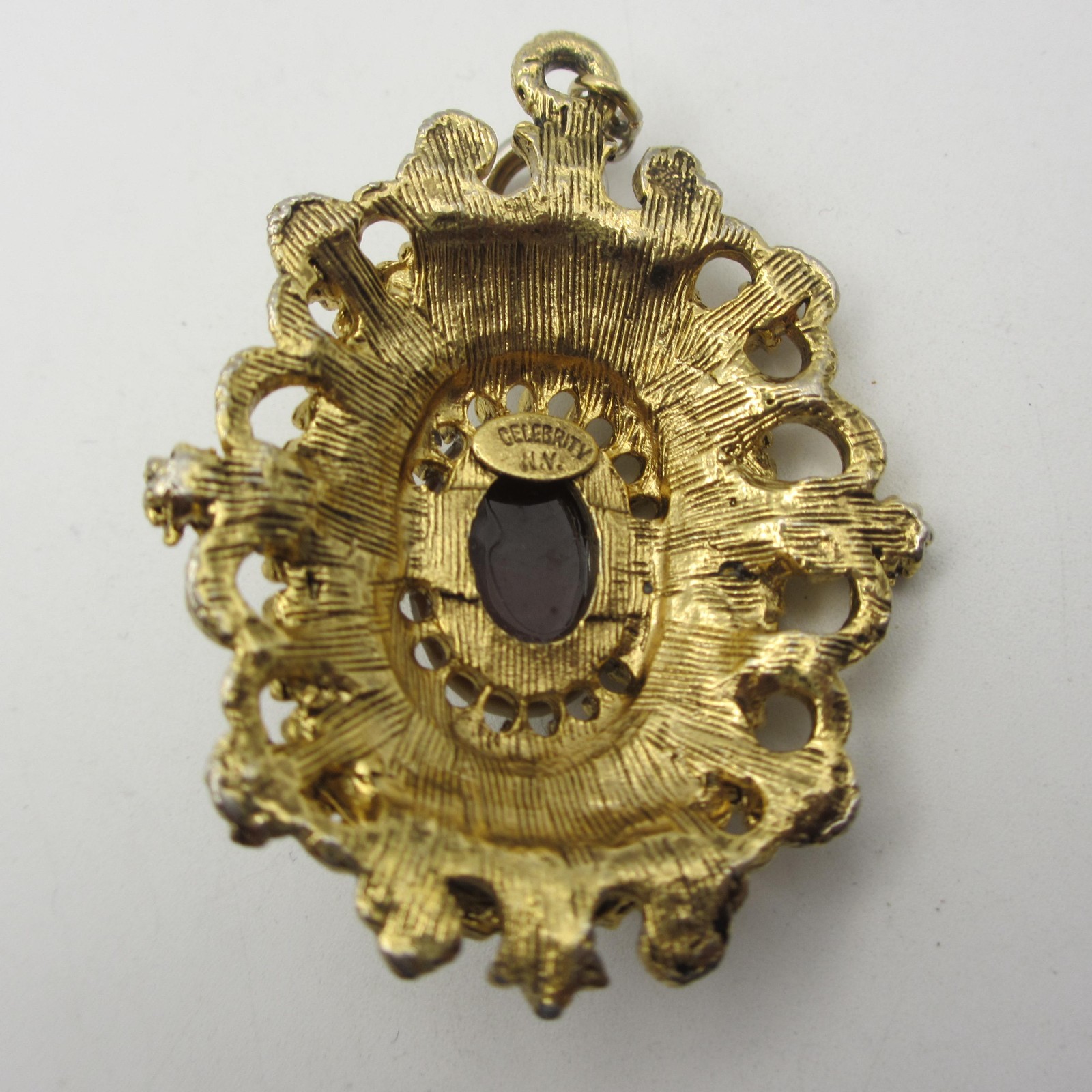 Vintage Celebrity Pendant Rhinestone Cabochon Ornate Textured Gold Tone
