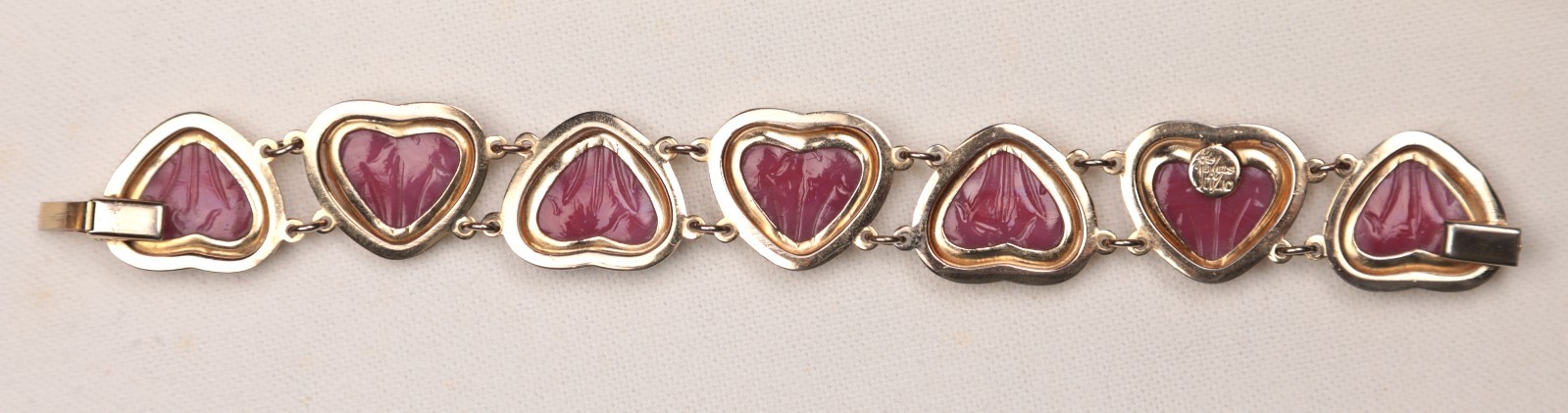 Jewels By Julio Pink Pâte de Verre Gripoix Glass Cabochon Hearts Bracelet 1950s