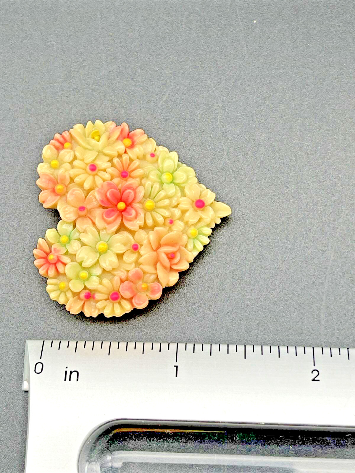 Vintage Carved Celluloid Heart BLOOMING Flowers Pink Lime Green Fur Dress Clip