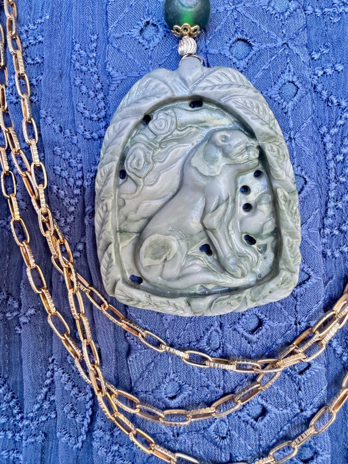 Vintage Jewelry, Hand carved mythical lion stone pendant necklace. Boho look,