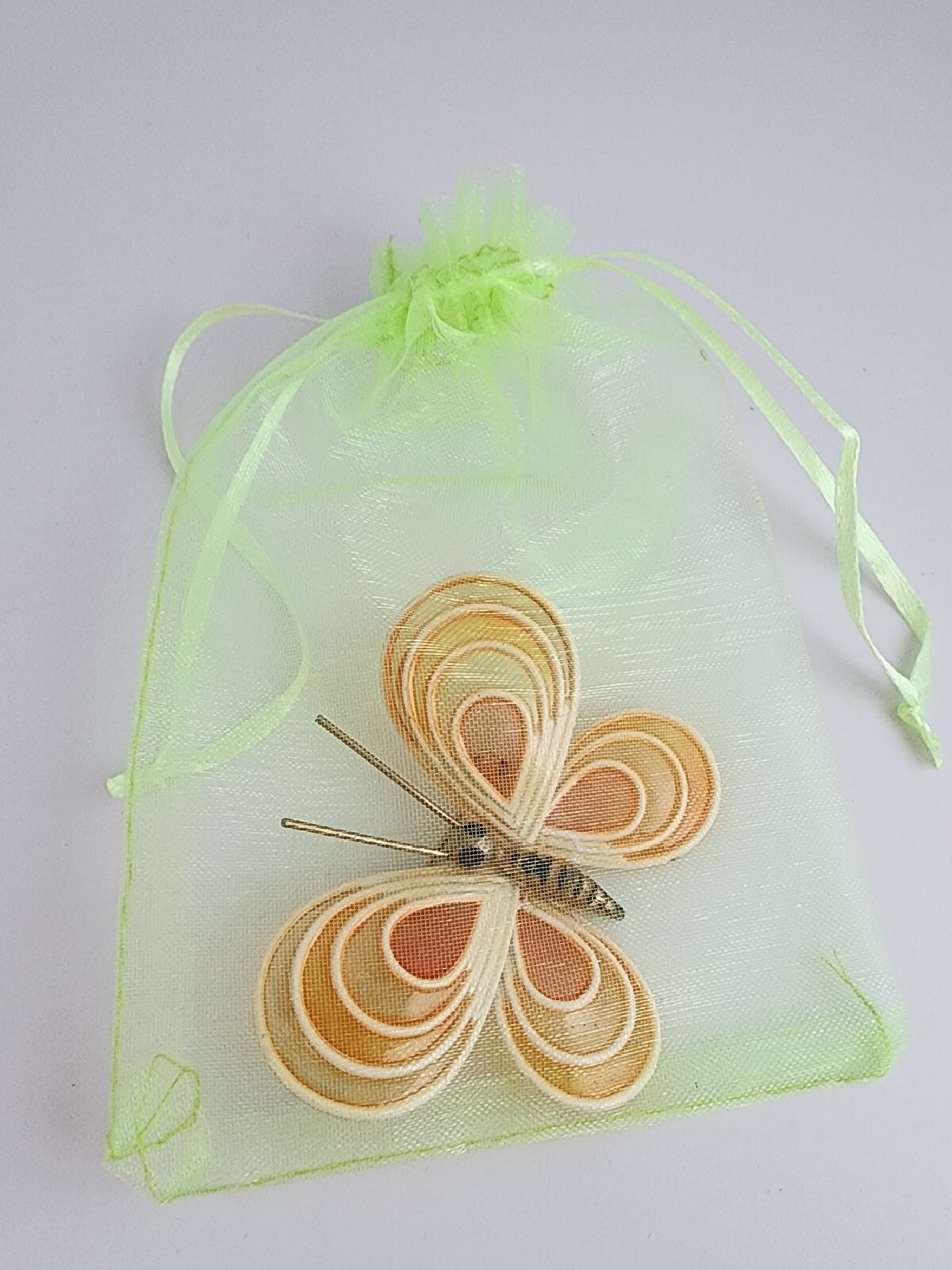 Vintage Orange Pink Woven Bamboo+ Resin Enamel Butterfly Brooch Pin~Figural Boho