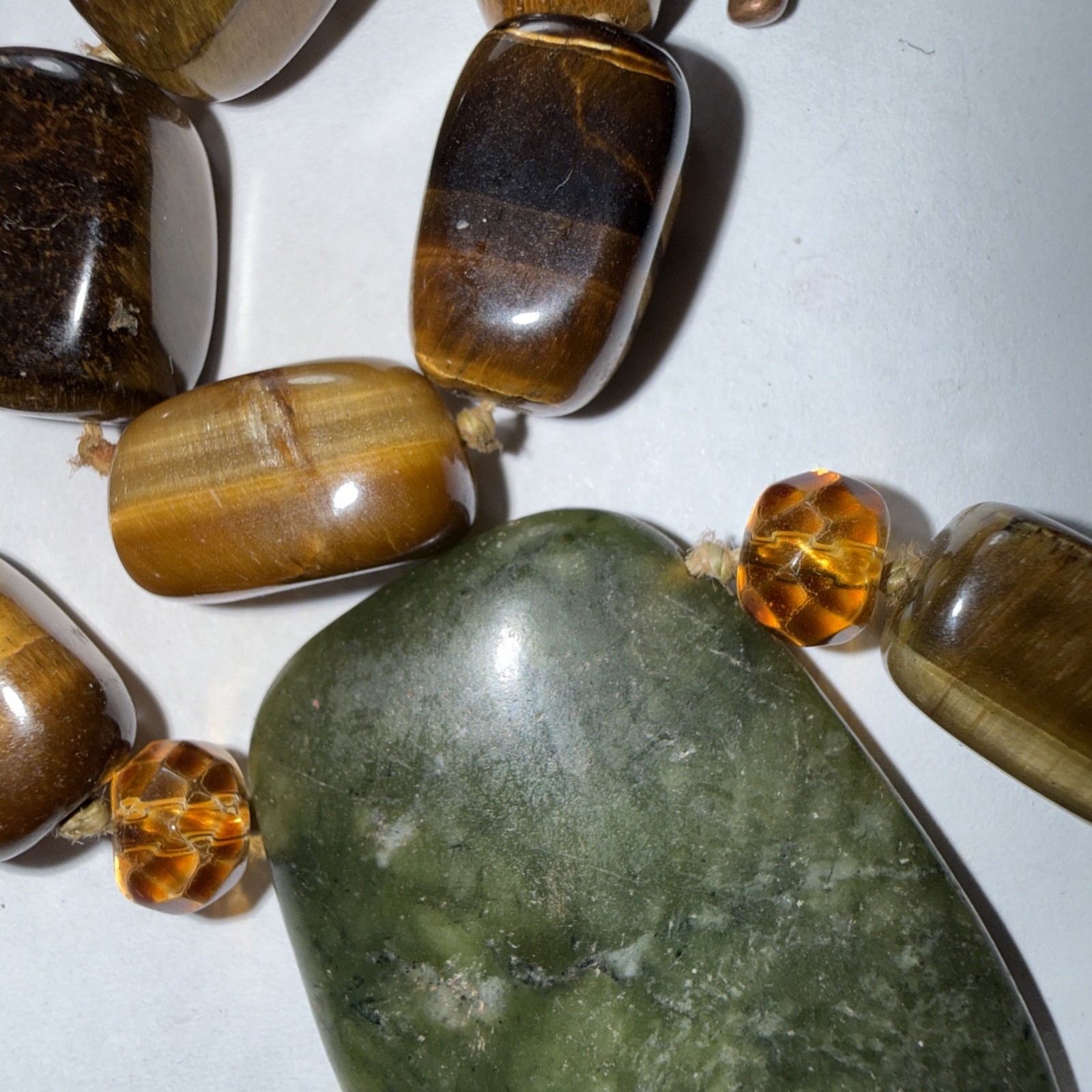 Necklace Big Jade Pendant Big Tigers Eye Beads Faceted Citrine Crystal 17” Old