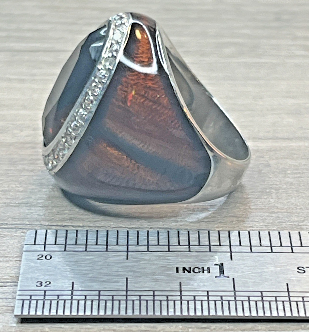 Men’s Vintage Pinky Ring Huge Brown Stone Enamel Rhinestone Halo Silvertone DBJ
