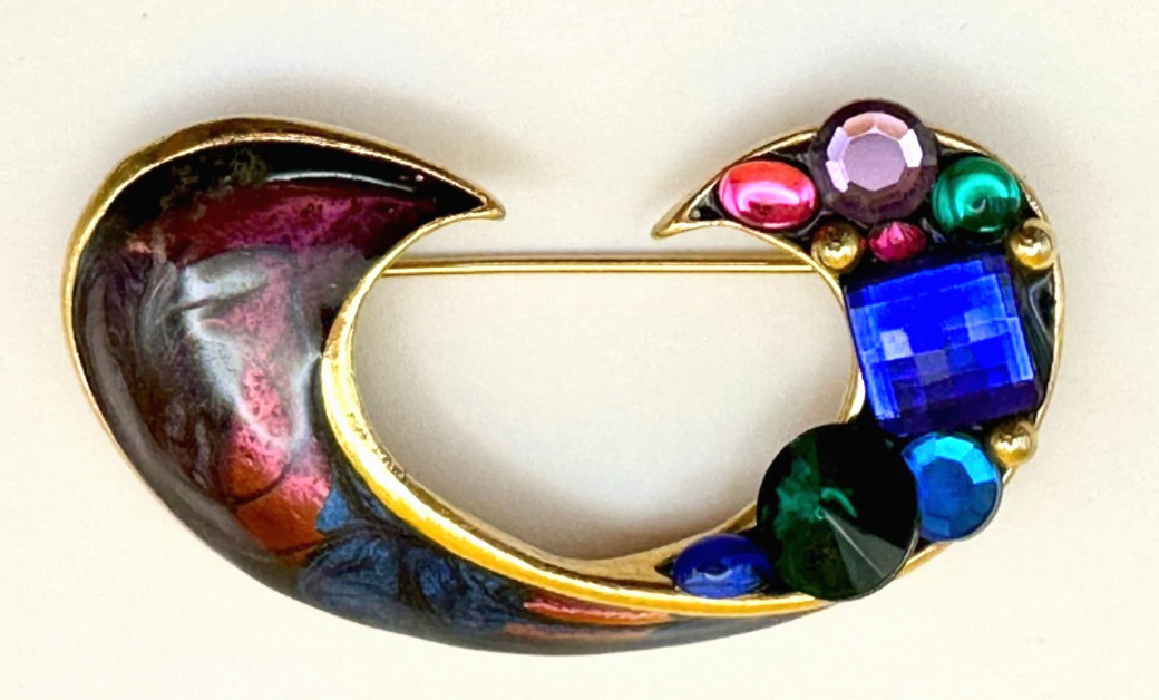 Gold Tone Multicolor Enamel & Rhinestones Brooch Vintage
