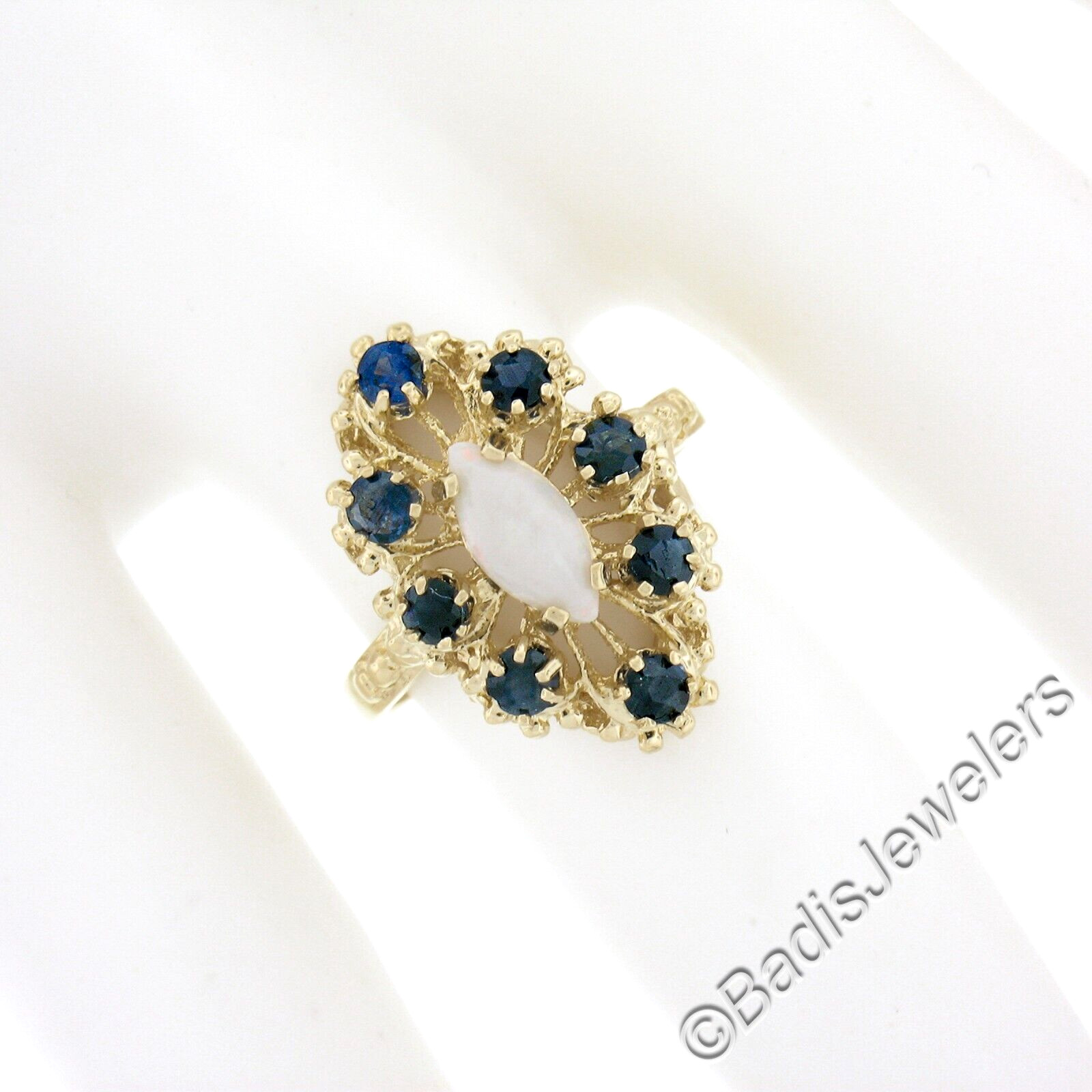 Vintage 14k Gold Marquise Cabochon Opal & .40ct Sapphire Open Textured Work Ring