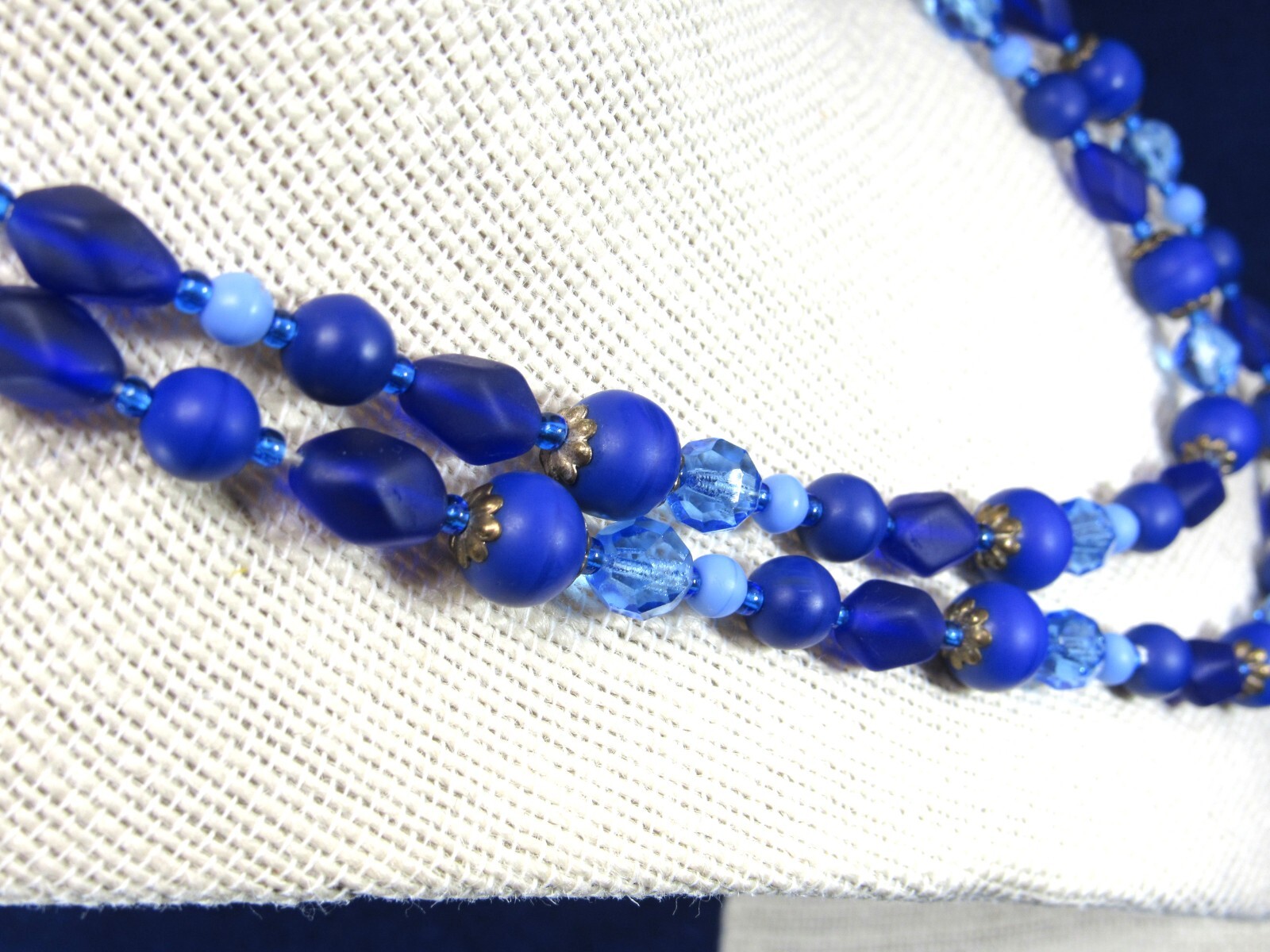Vintage Blue and Purple 2 Strand Art Glass Bead Necklace with Sea Glass Finish.