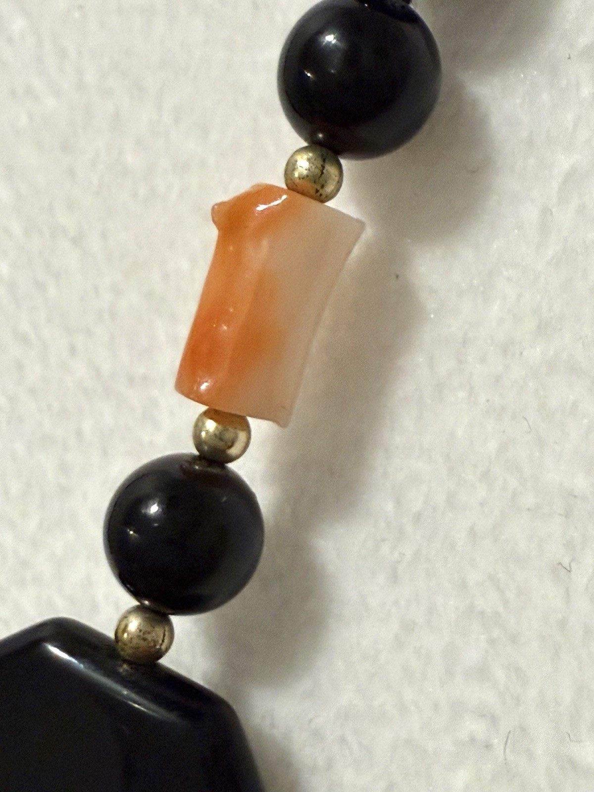 Vtg Black Onyx Pink Angel Skin Coral Necklace Chunky Statement Deco Geometric