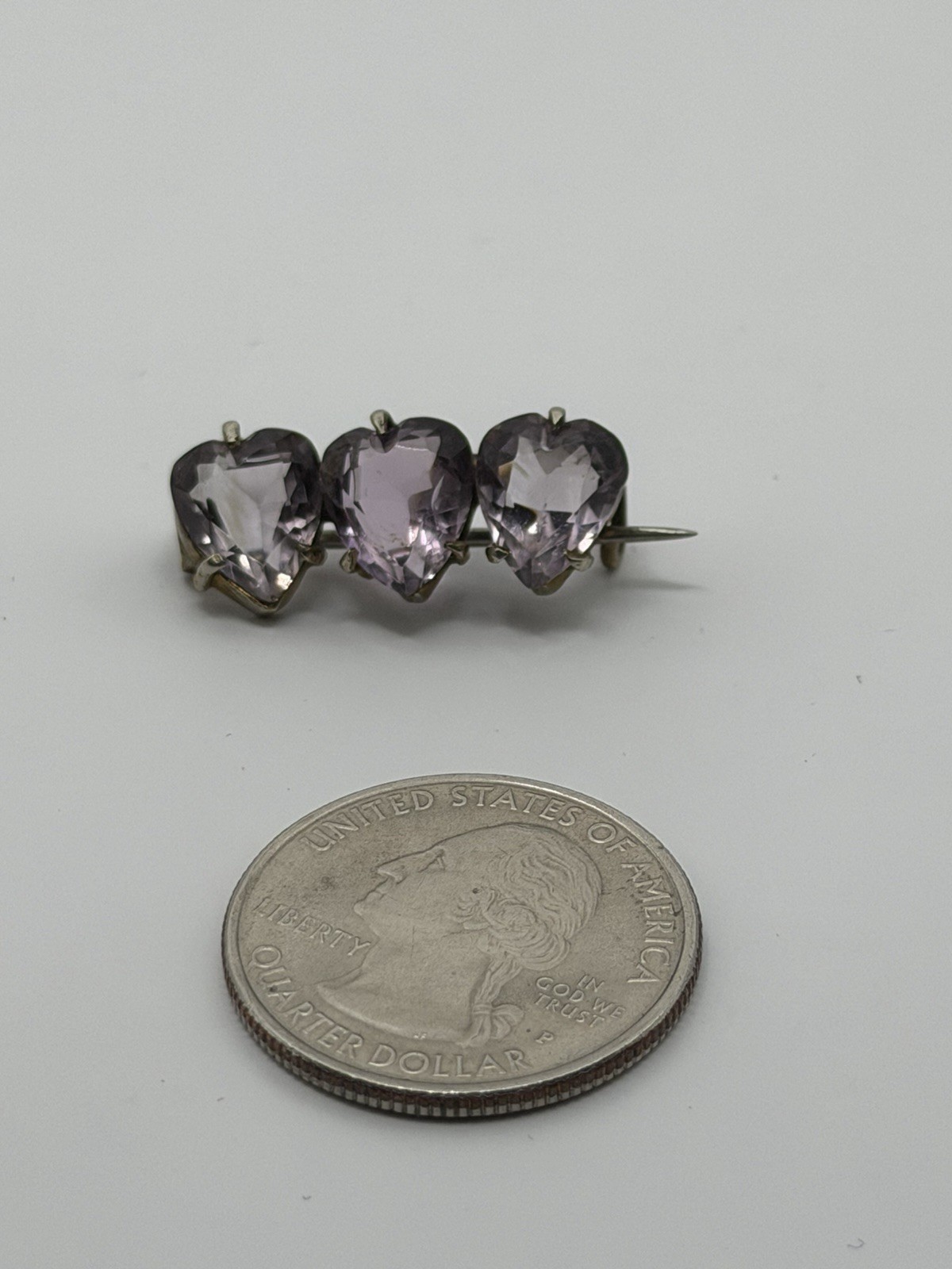 Antique Victorian 3 Light Purple Paste Hearts Goldtone Bar Brooch