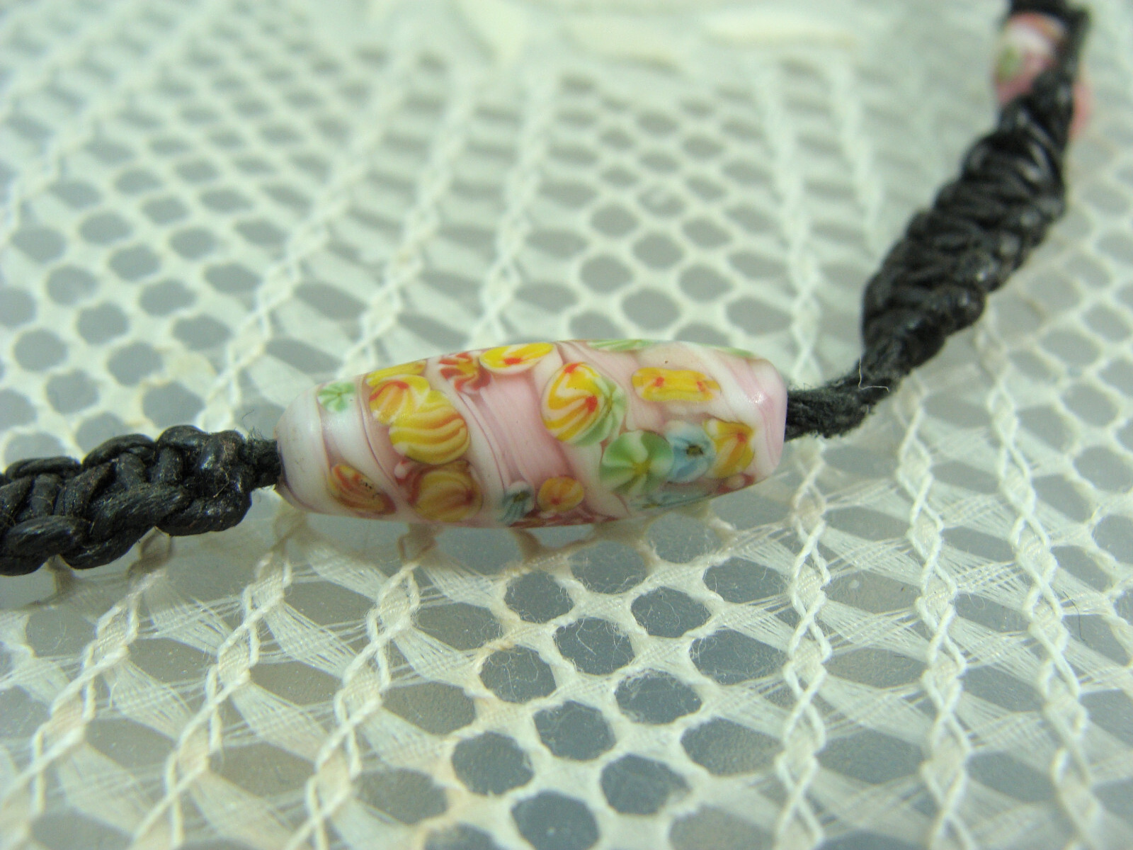 Vtg Millefiori Glass Bead Faux Pearl Hemp Macrame Bohemian Hippy Choker Necklace