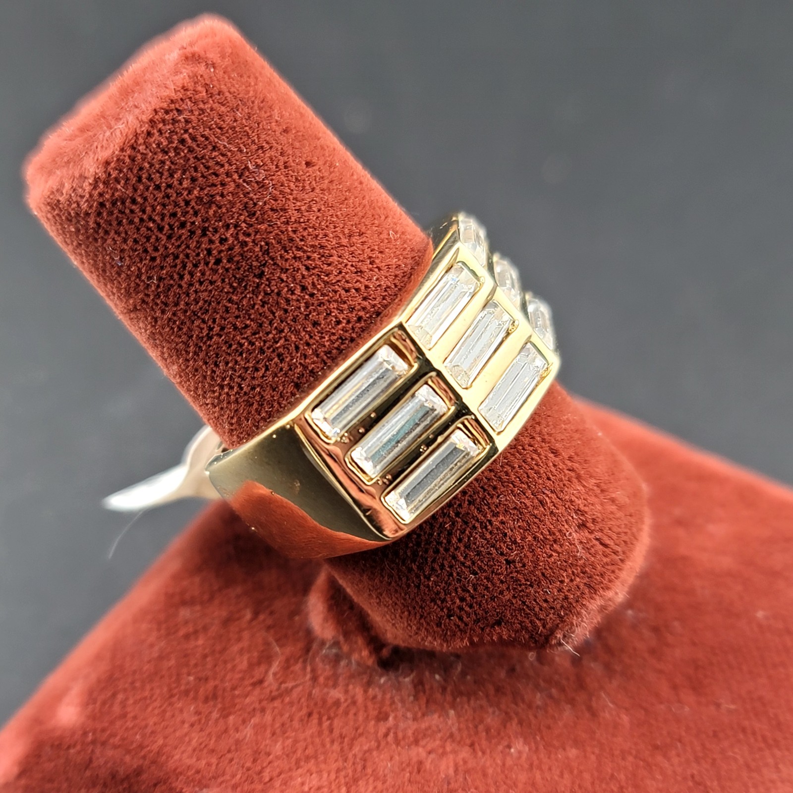 Vtg Sz 8 Ring Band Unsigned ESPO Rhinestones Baguettes 14KTGE Fashion Jewelry