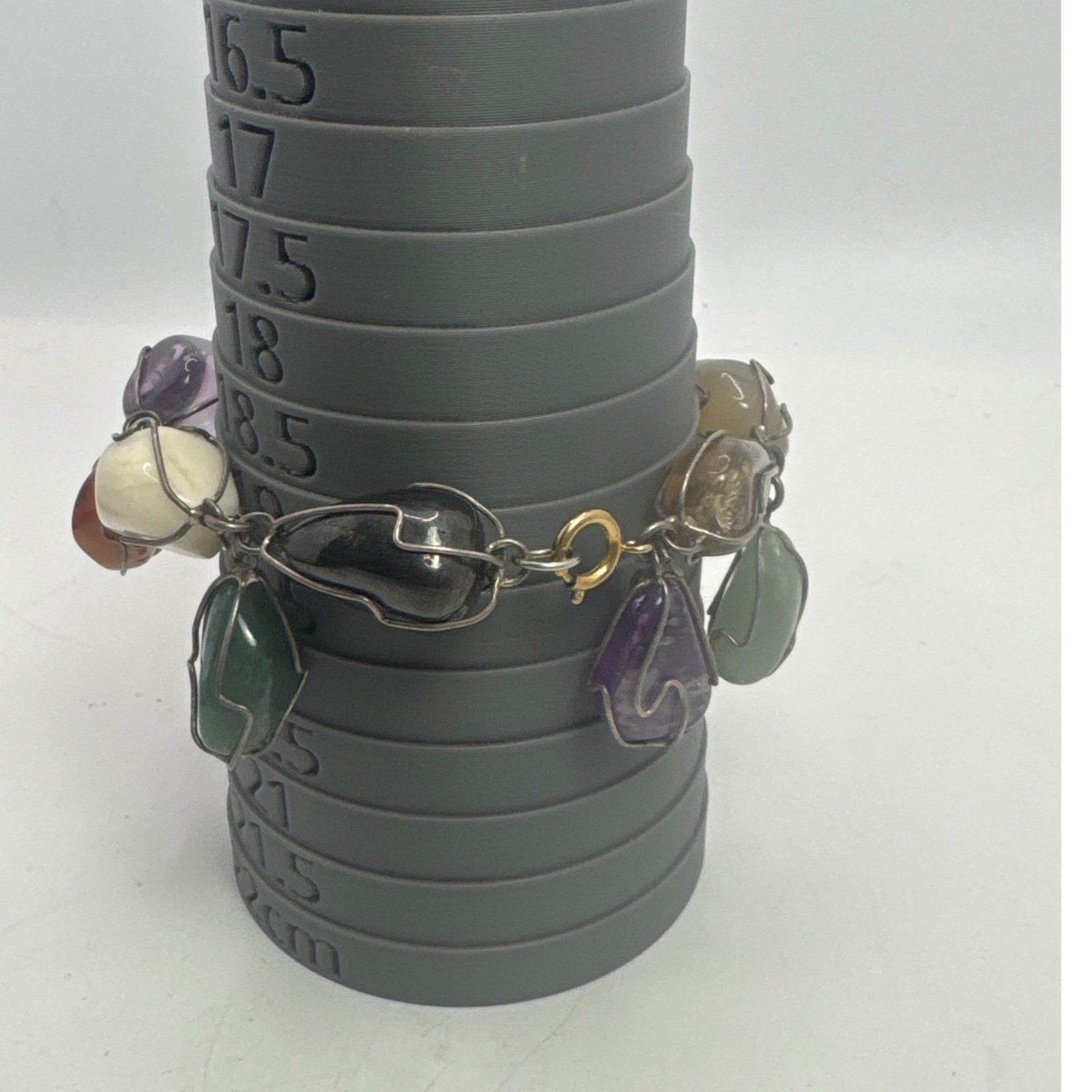 Vintage Wire Wrapped Tumbled Gemstone Charm Bracelet Multi Color Boho 7.25 In
