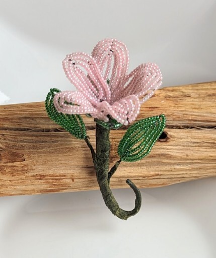 Vintage Handmade PINK Petal Seed Bead Flower Brooch 3¾” Pin GREEN Leaves Stem