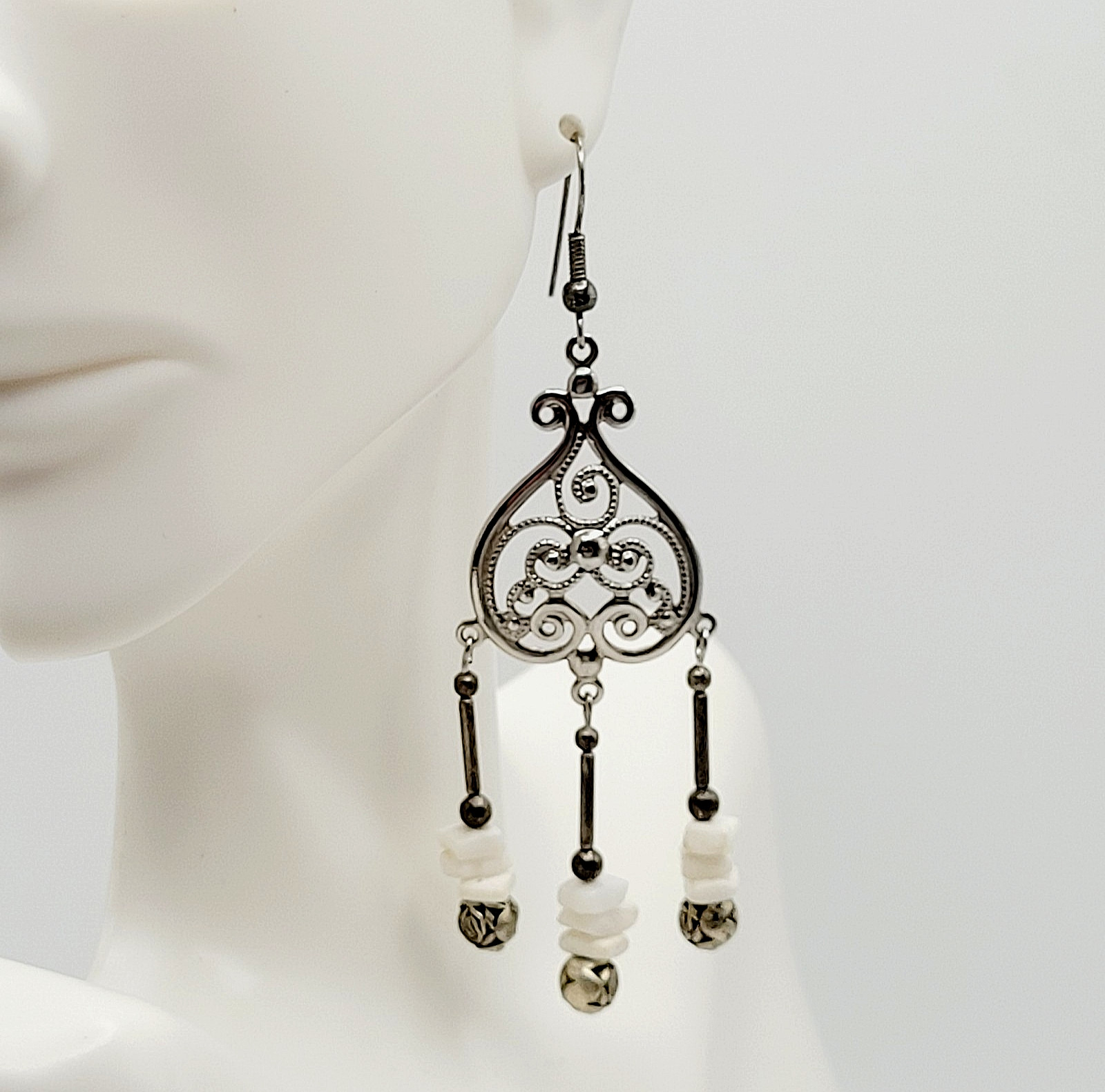 Southwestern Style Chandelier Silver Tone White Howlite Bead Pierced Earrings