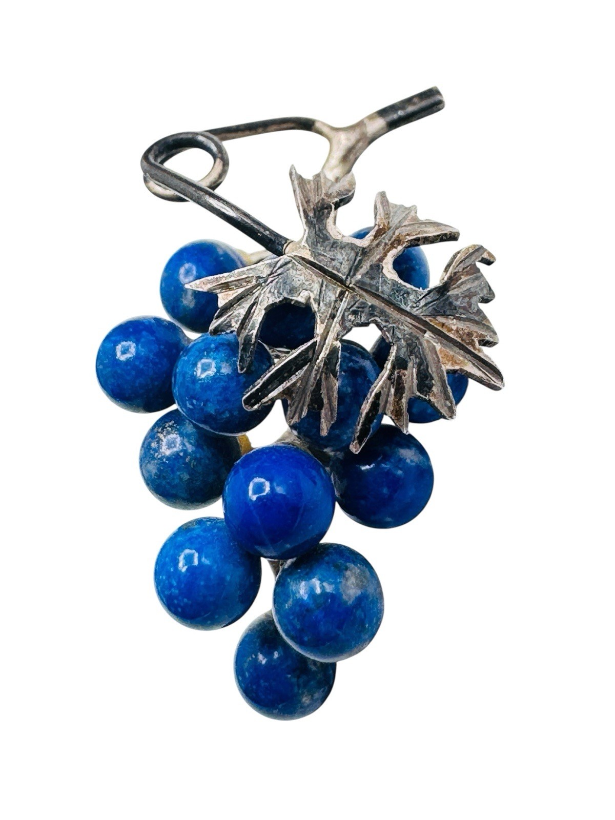 Vintage Silver Lapis Stone Grapes Leaf Pendant