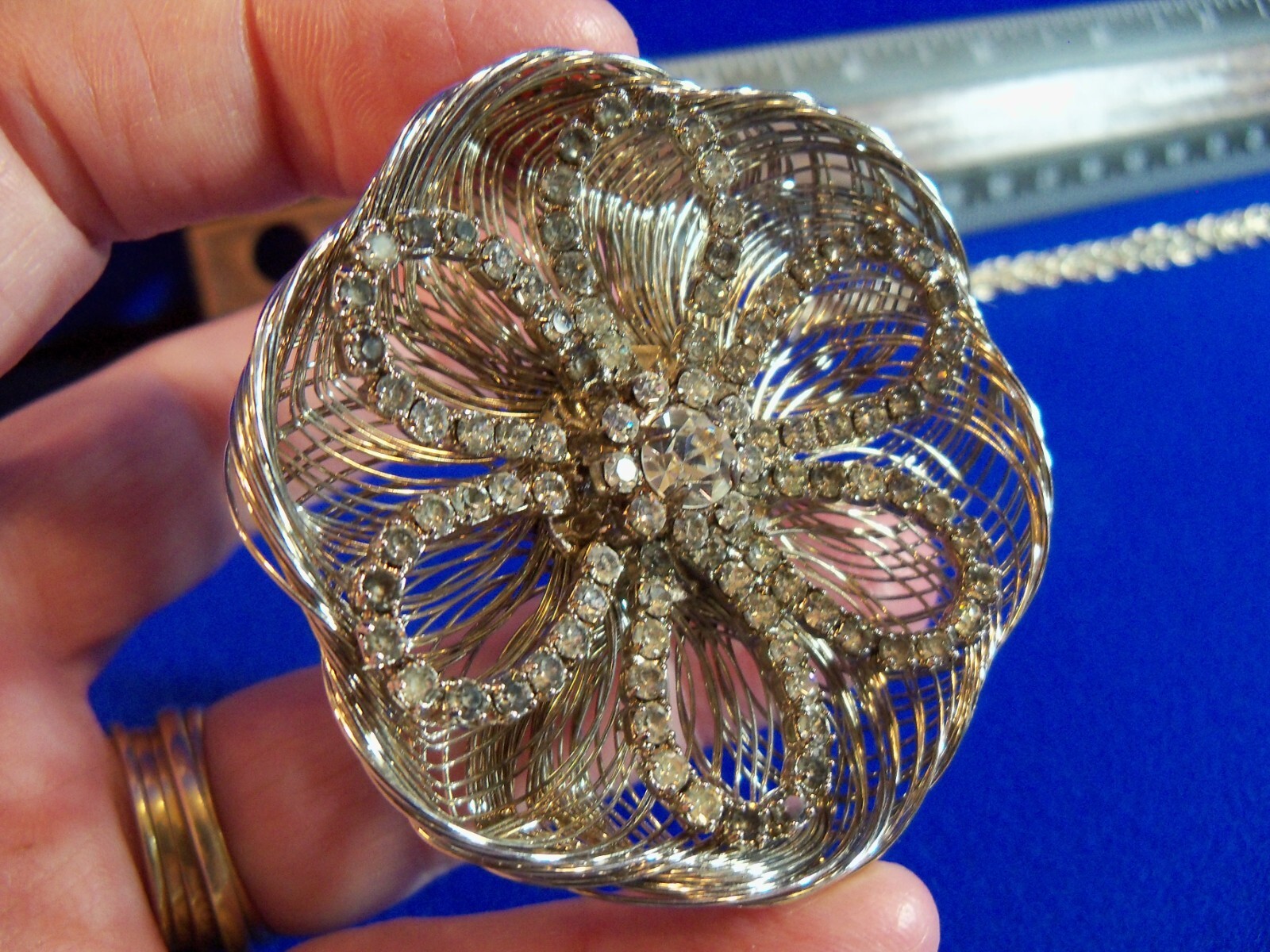 Vtg Rhinestone Flower Filigree Pendant Necklace Cannetille Silver Fine Wire Work