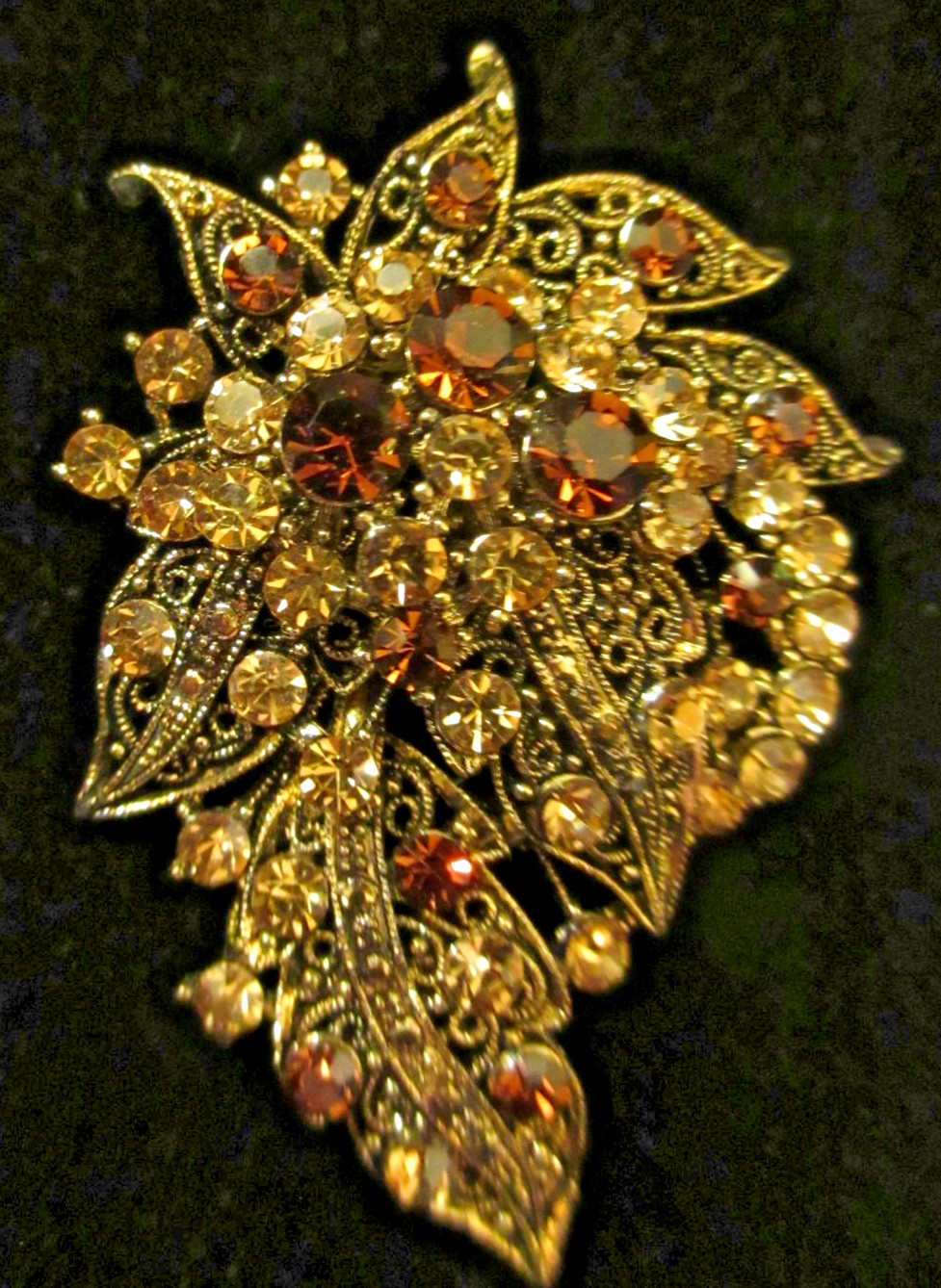 Vtg Gold Tone Cannetille Amber Orange Cream Rhinestone Brooch Pin Pendant