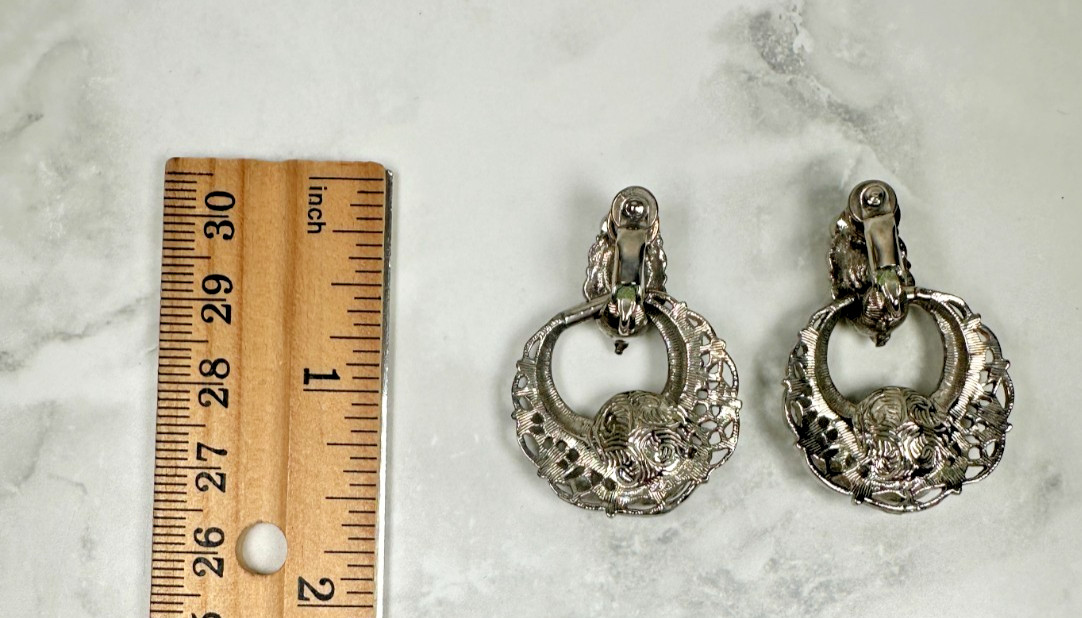 Silver Tone Clip-On Earrings with White Glass & Rhinestones – Vintage – 1.5″