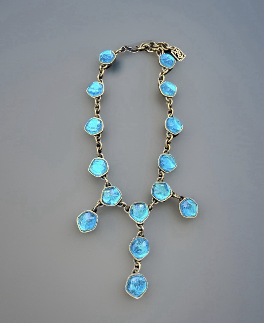 Vintage YSL Yves Saint Lauren Turquoise Blue Cabochon Chain Dangle Necklace 16”