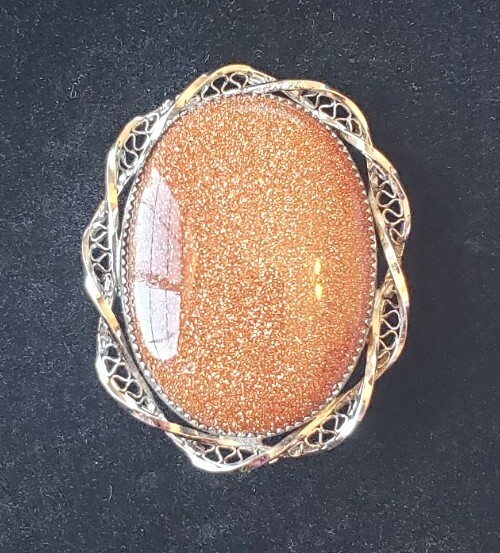 VTG Sorrento Goldstone Brooch & Pendent Silvertone Filagree Swril Ornate Pin