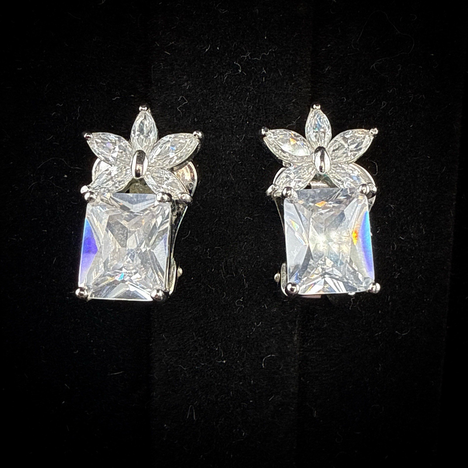 Nolan Miller Earrings Rhinestone Silver Emerald Cut Crystal CLIP ON Cocktail