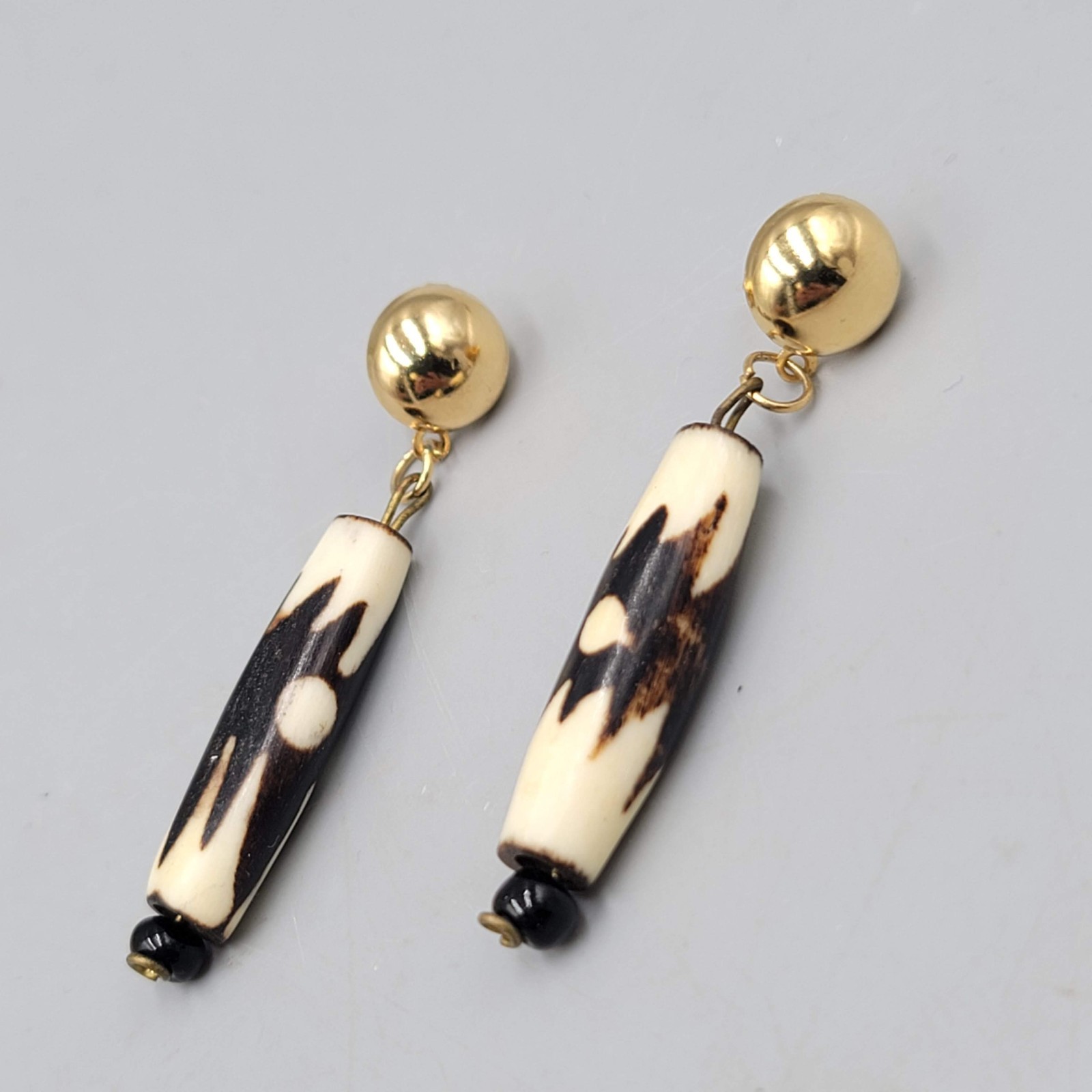 Vintage Pierced Earrings Gold tone Dangle African Cow Bone Bead 2 in
