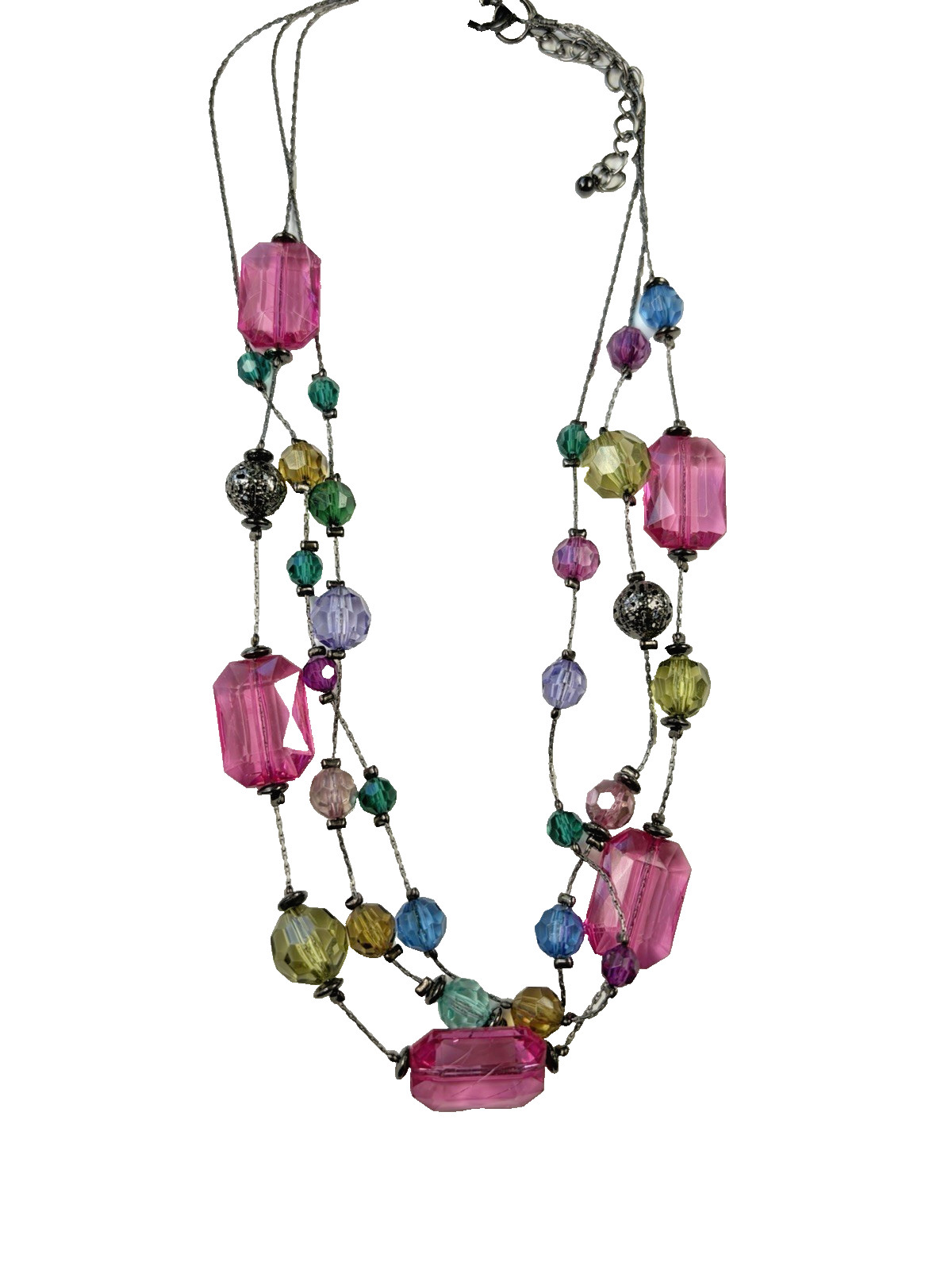 Vintage Colorful Layered Beaded Necklace Pink Acrylic Statement Gunmetal Y2K