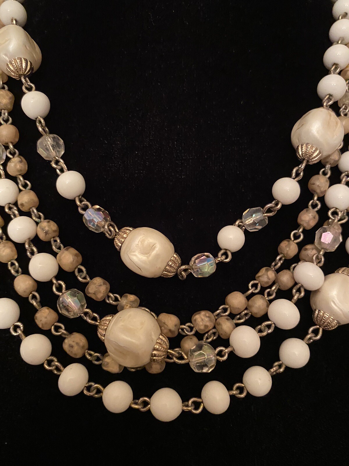 Vtg Multi Strand Gold White Champagne Crystal Faceted Bead Necklace 19”