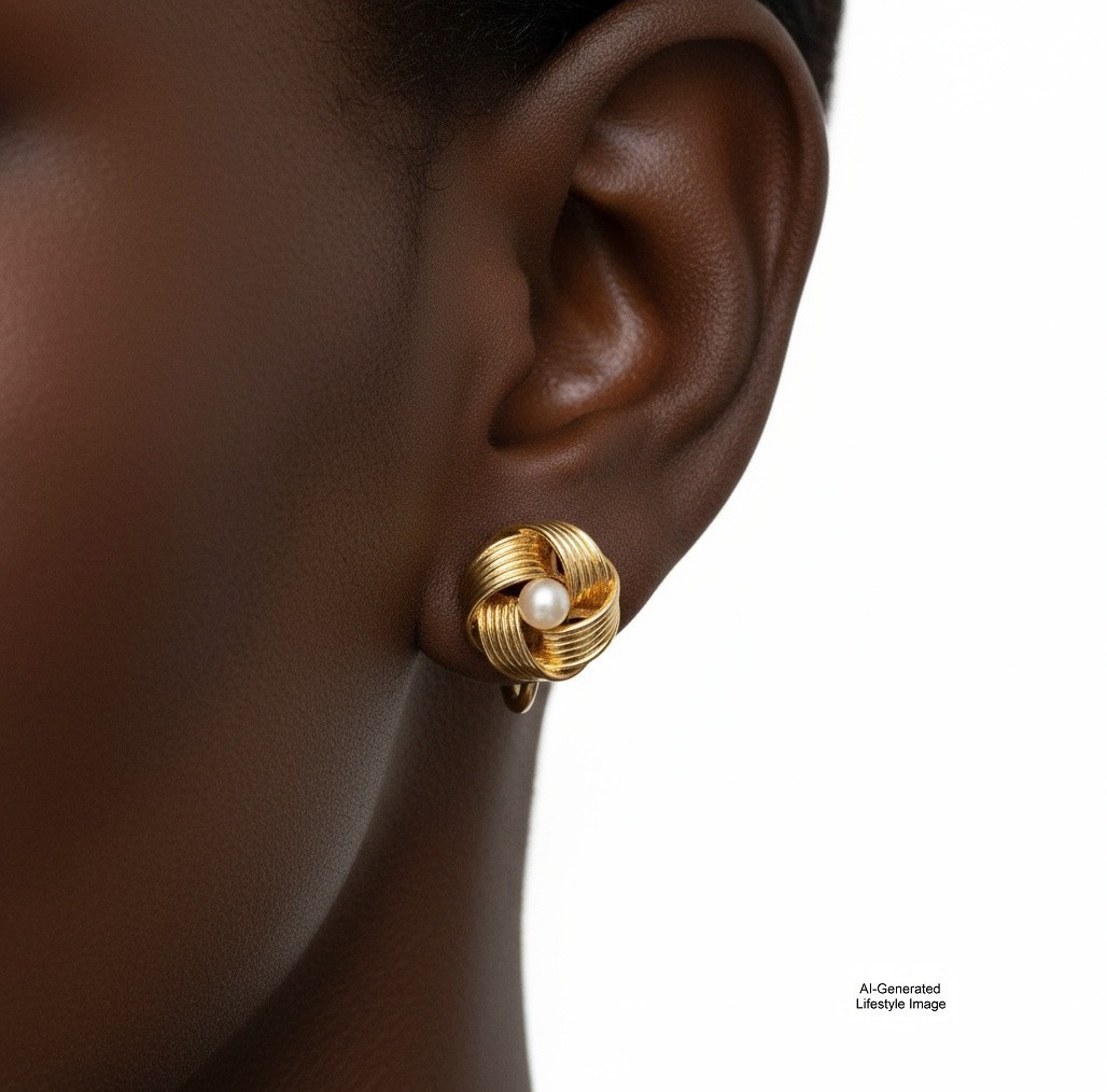 1960s Gold-Tone Love Knot Pearl Clip-On Earrings