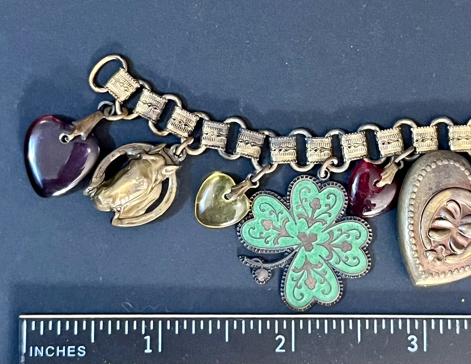 Vintage Charm Bracelet Poker Shamrock Dangles Cards Hearts Glass Works Studio ?