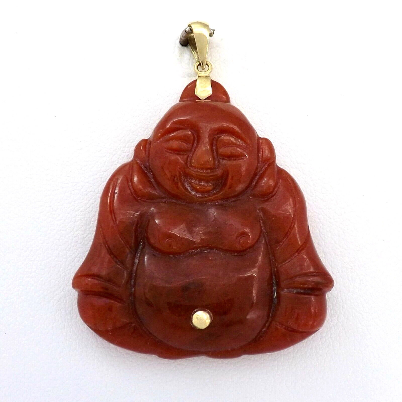 14k Gold Red Jade Laughing Happy Buddha Charm Pendant