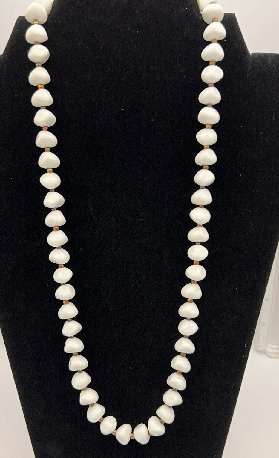 Vintage White Beaded Necklace String of Beads Gold Accent In Between Rock Shaped