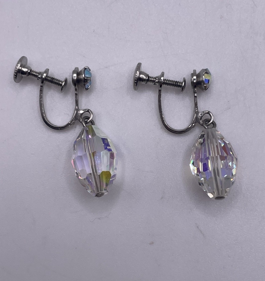 Vintage AB Aurora Borealis Faceted Crystal Drop Dangle Screw Back Earrings