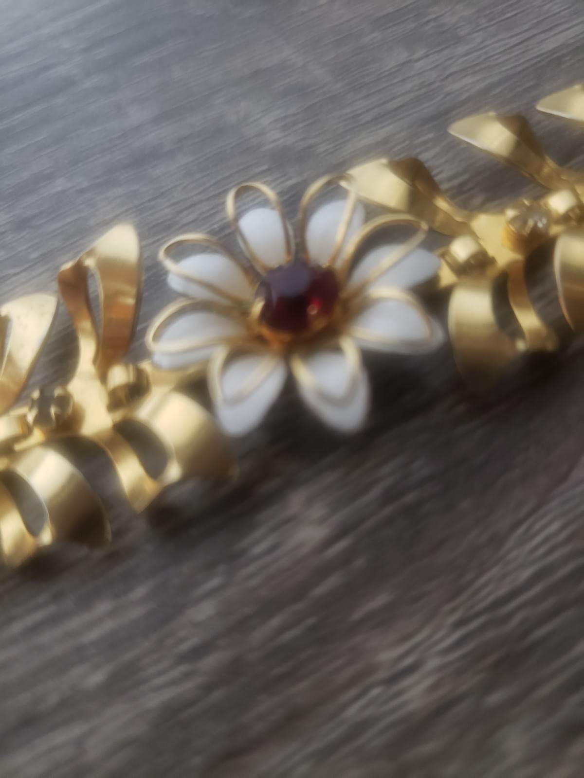 Vintage 70’s Enameled Flower With A Red Stone,Double Heart Brooch And Bracelet