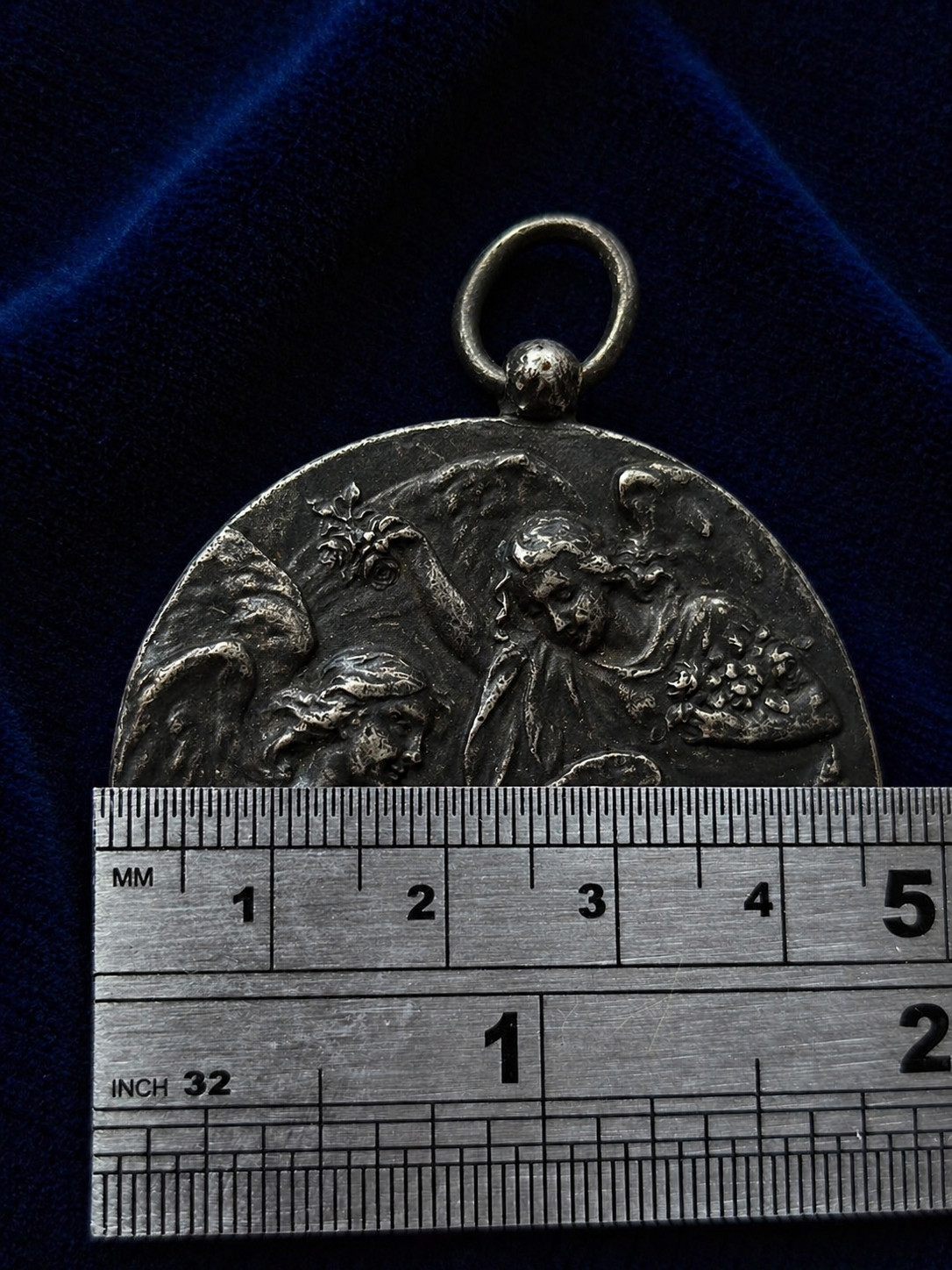 Large Antique Solid Silver Religious Medal Virgin Mary Angel Scene 19thC French