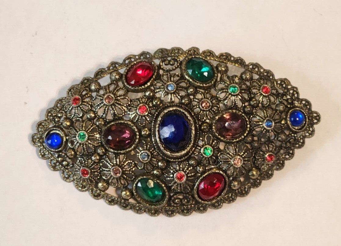 Vintage New England Glass Works Czech Filigree MultiColored Gemstones Pin Brooch