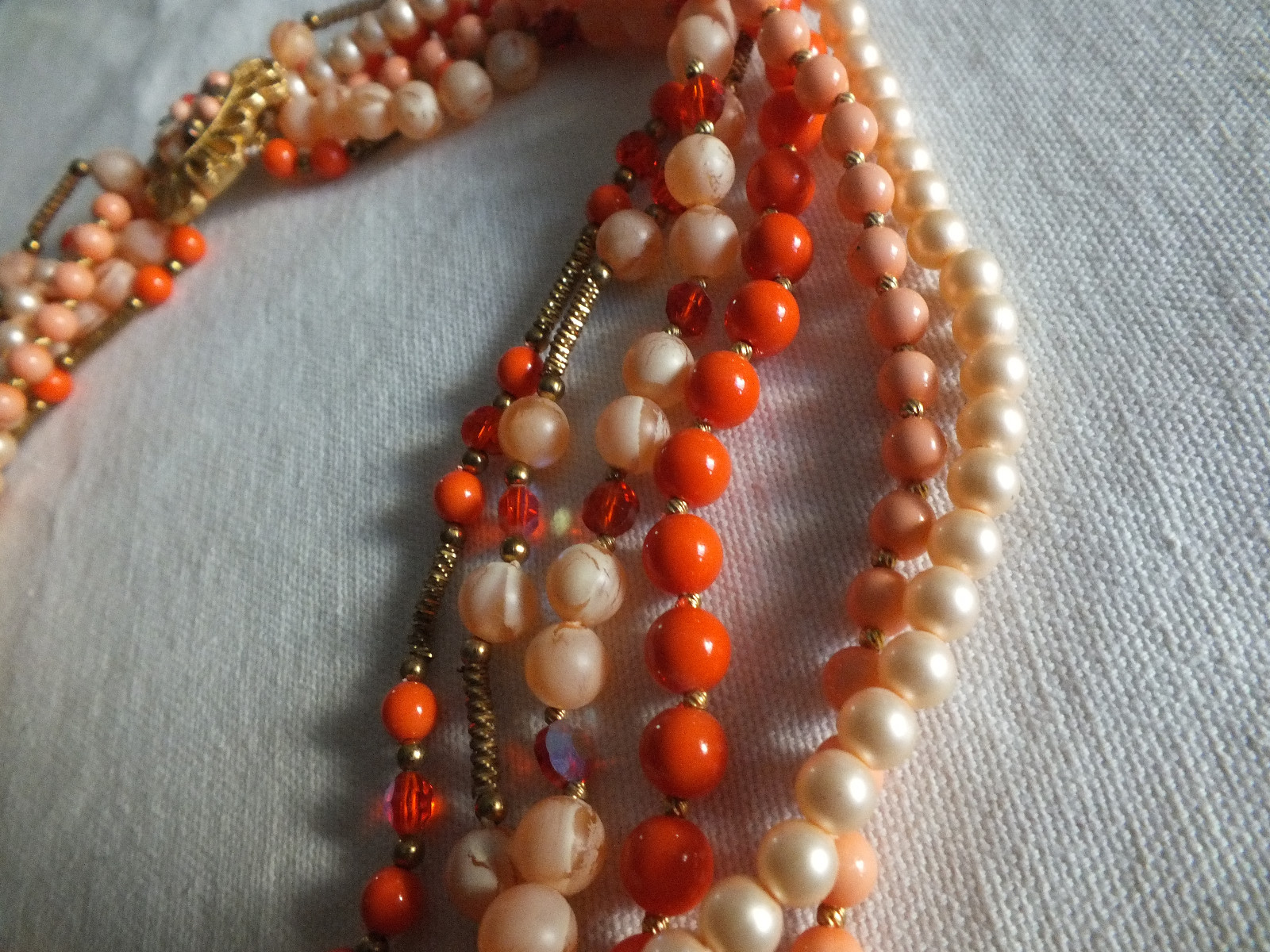 Beautiful Necklace Gold Tone Orange Peach Cream AB Rhinestones 6 Strand 22″ WOW