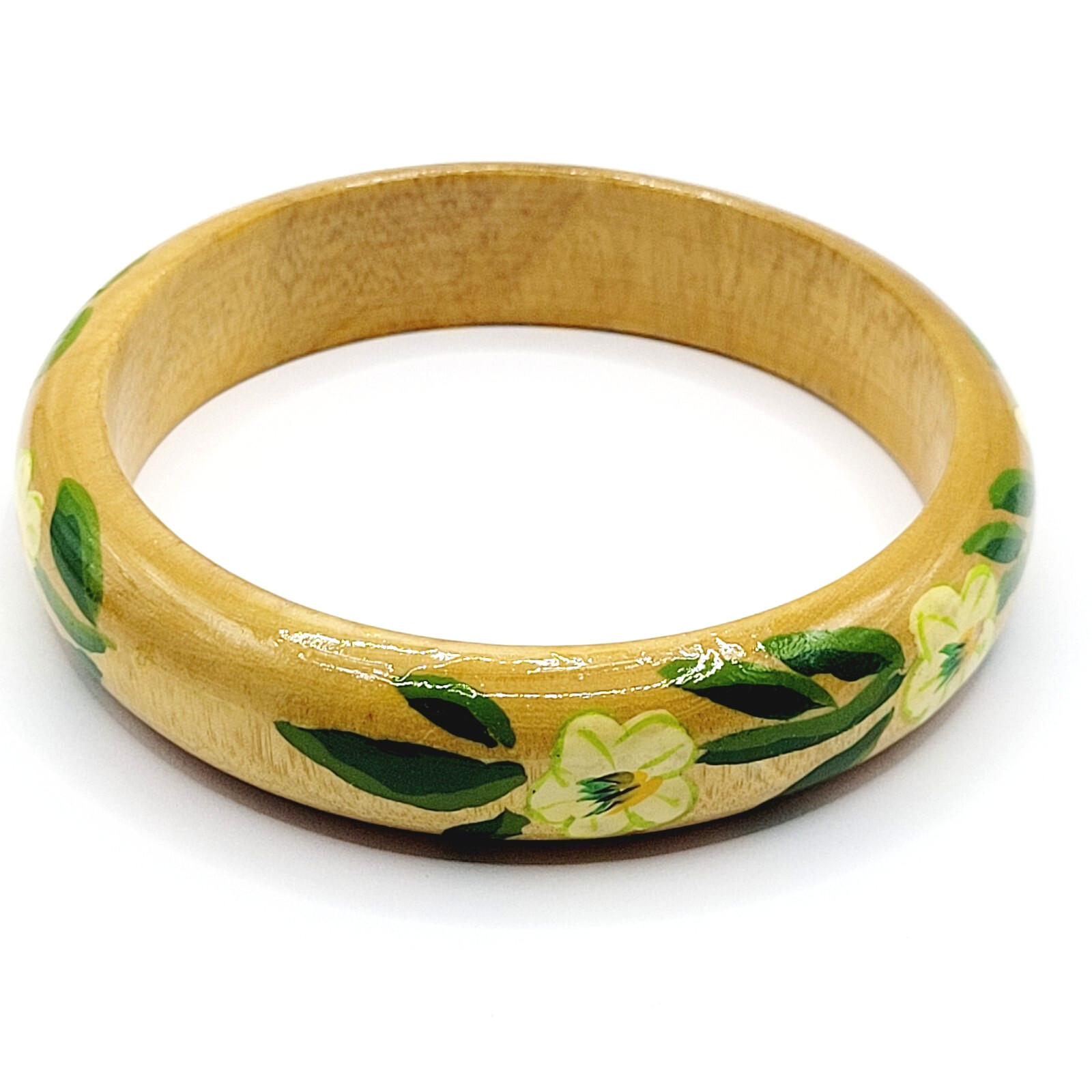 Wood Bangle Hand Painted Cream Flowers Green Leaves Lacquered Bangle Bracelet