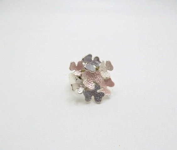 Vintage Silver Tone Patterned Pink & Gunmetal Petal Cluster Flower Ring Size 6.5