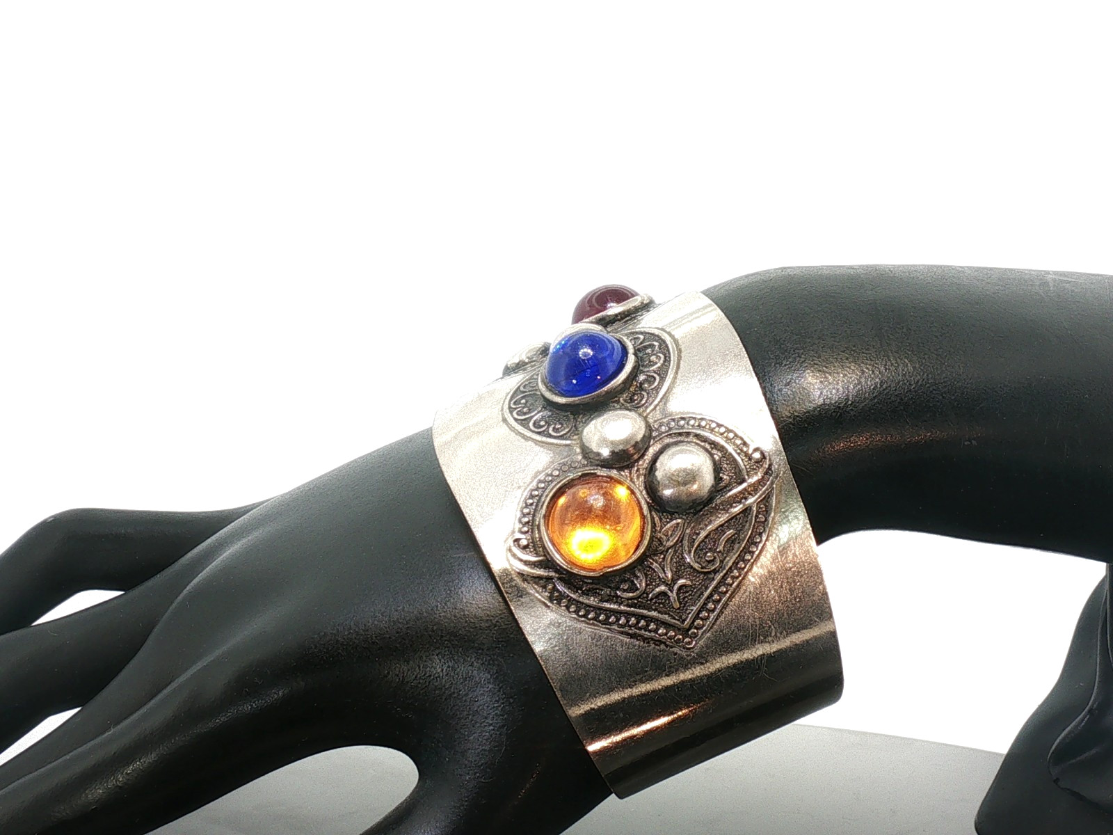 Vintage Boho Silver Tone Cuff Bracelet – Colorful Cabochon Stones