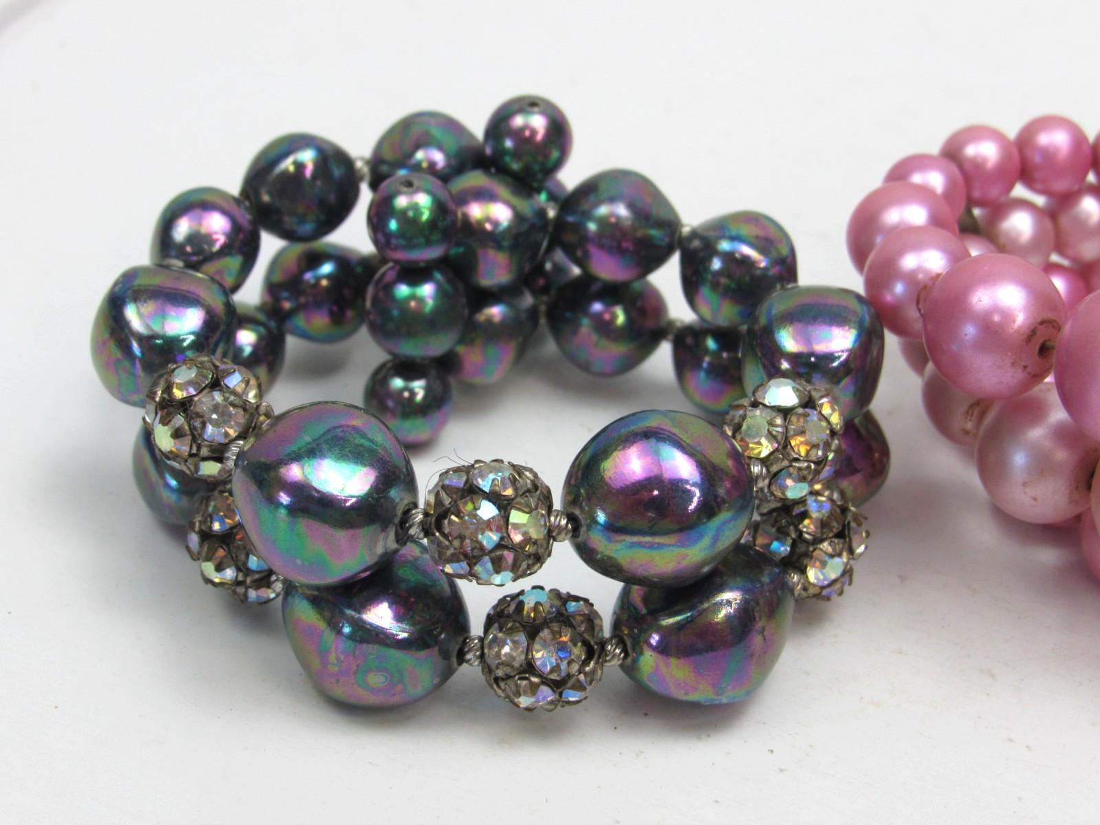 3 Vintage Beaded Stretch Cuff Bracelets Lot Pink Iridescent Rhinestone