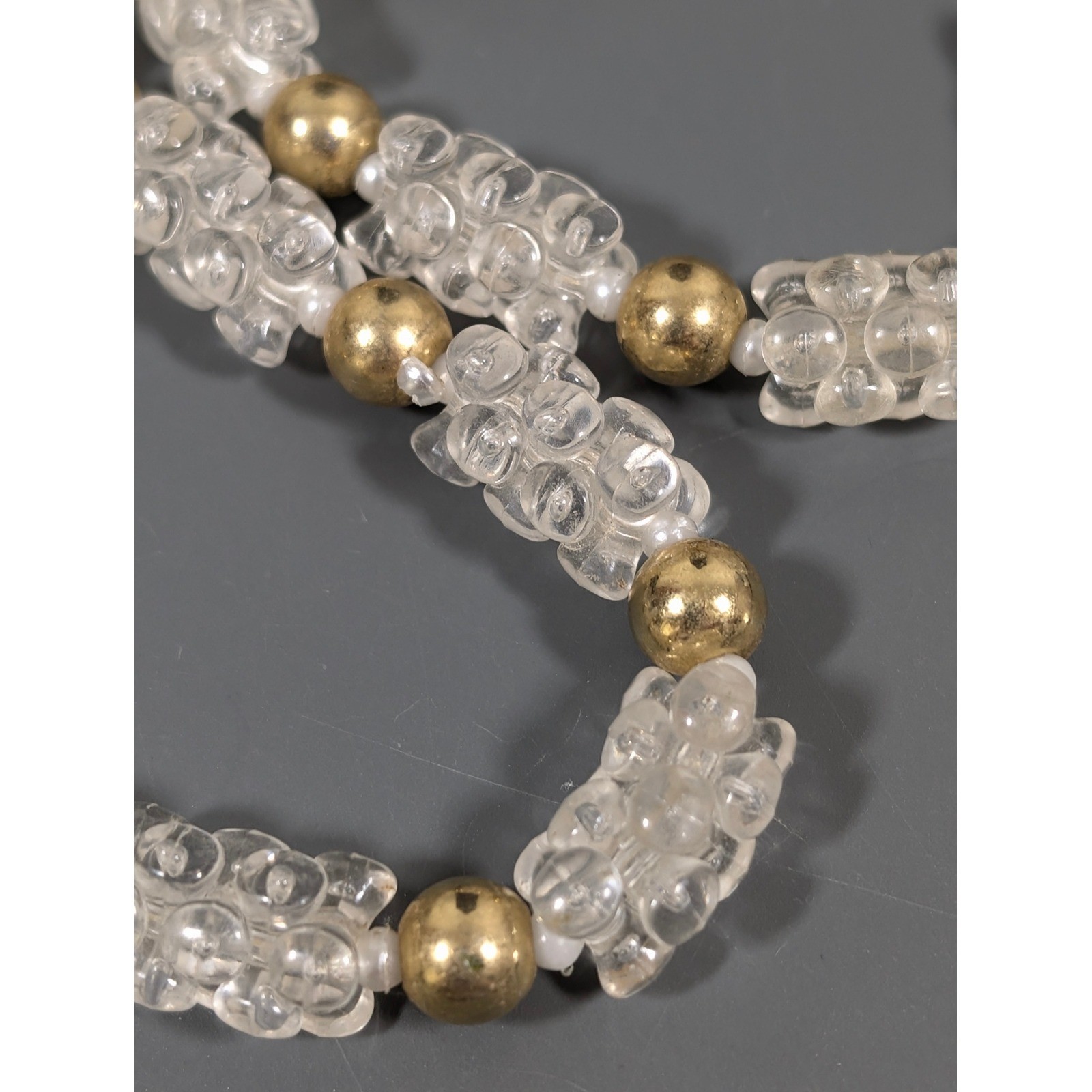 Vintage Lucite Popcorn Bead Necklace Clear Gold Tone Long 36″